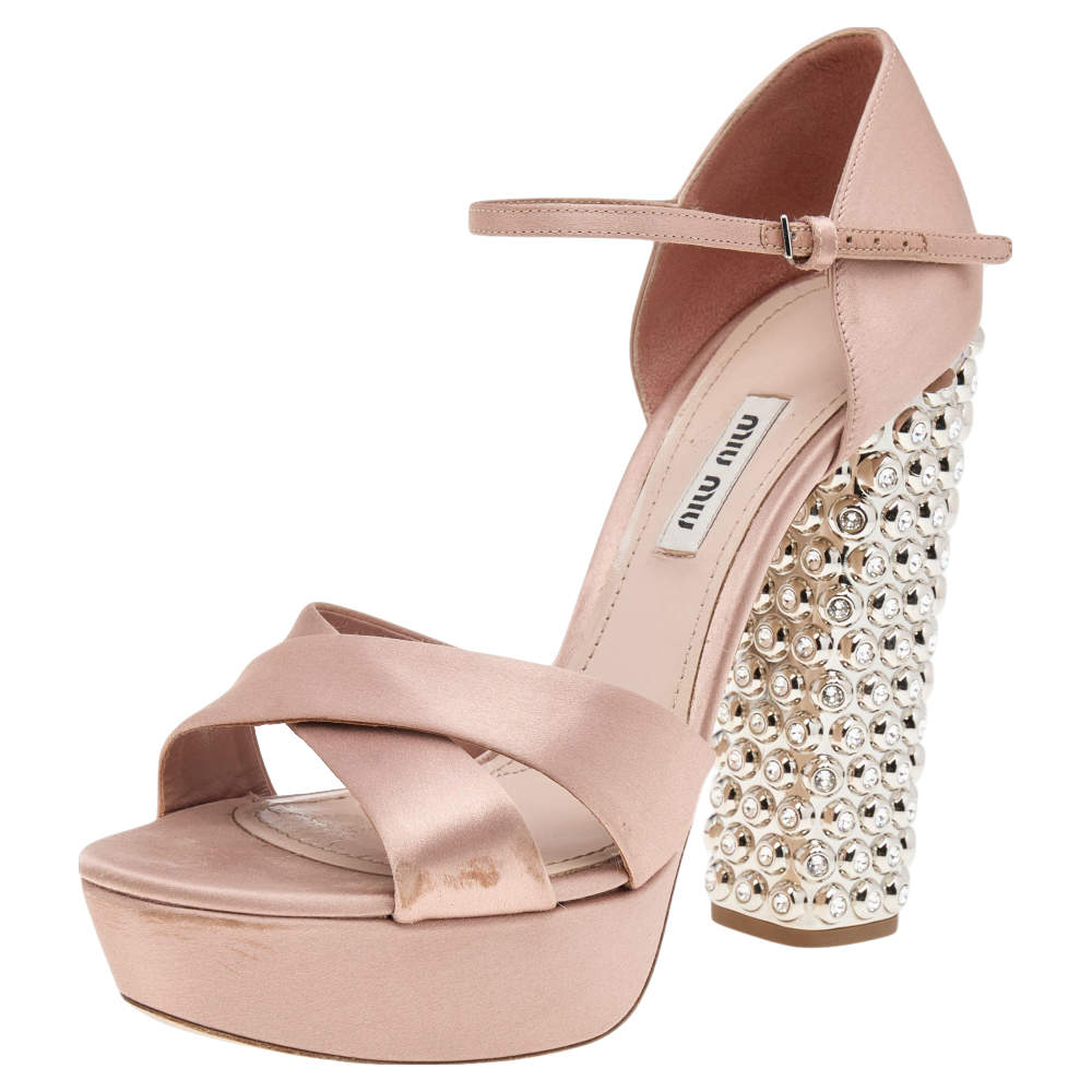 Miu Miu Beige Satin Crystal Embellished Block Heel Ankle Strap Platform Sandals Size 38.5
