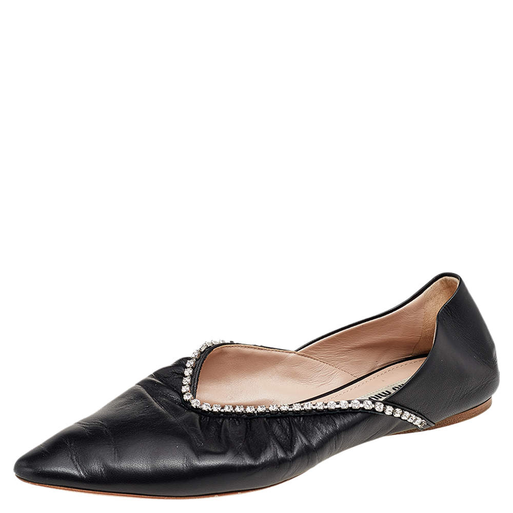 Pre Owned Miu Miu Black Leather Crystal Embellished Pointed Toe Ballet Flats Size 36