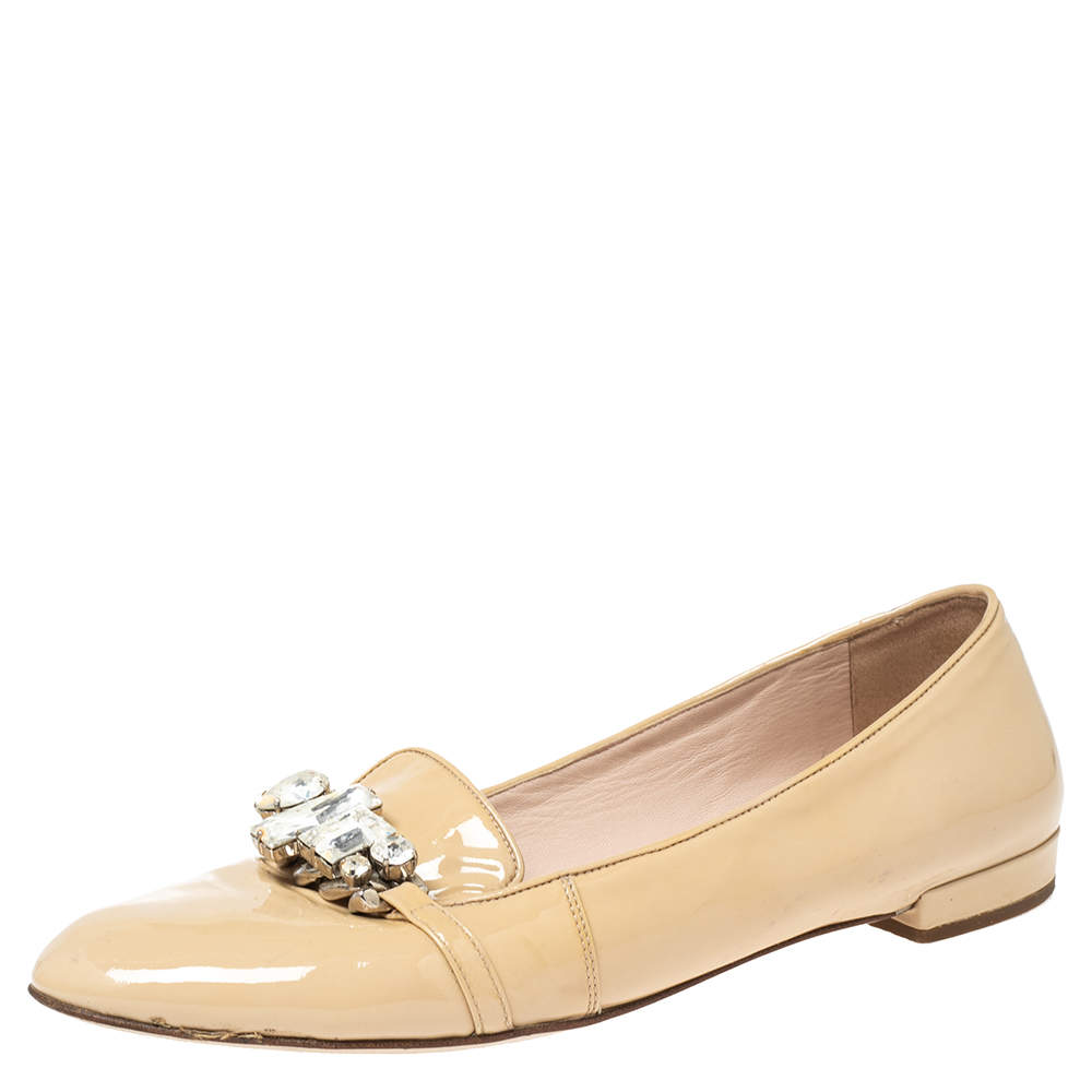 Pre Owned Miu Miu Beige Patent Leather Crystal Embellished Smoking Slippers Size 38