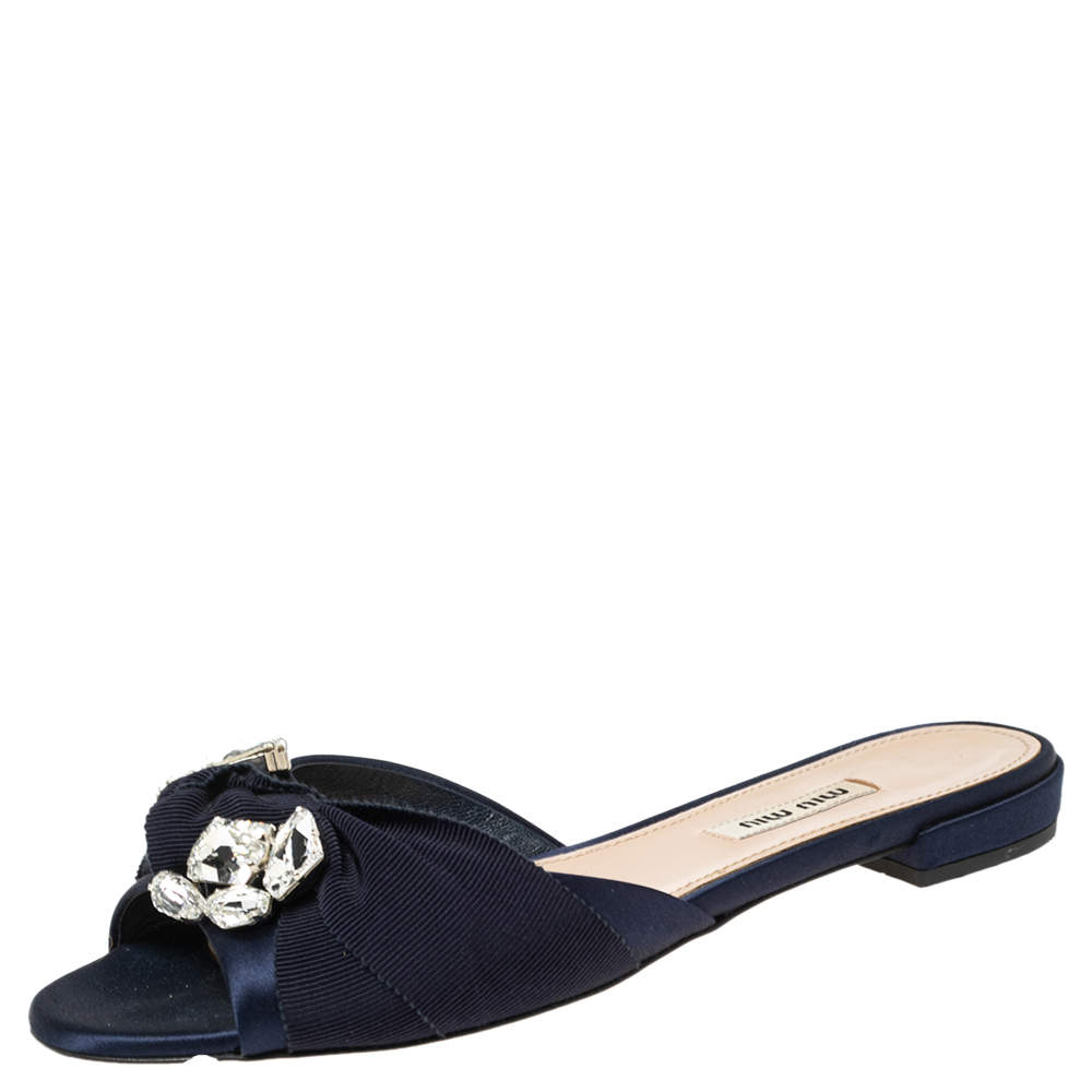 Pre Owned Miu Miu Blue Satin And Canvas Knot Crystal Embellished Flat Slide Sandals Size 37.5