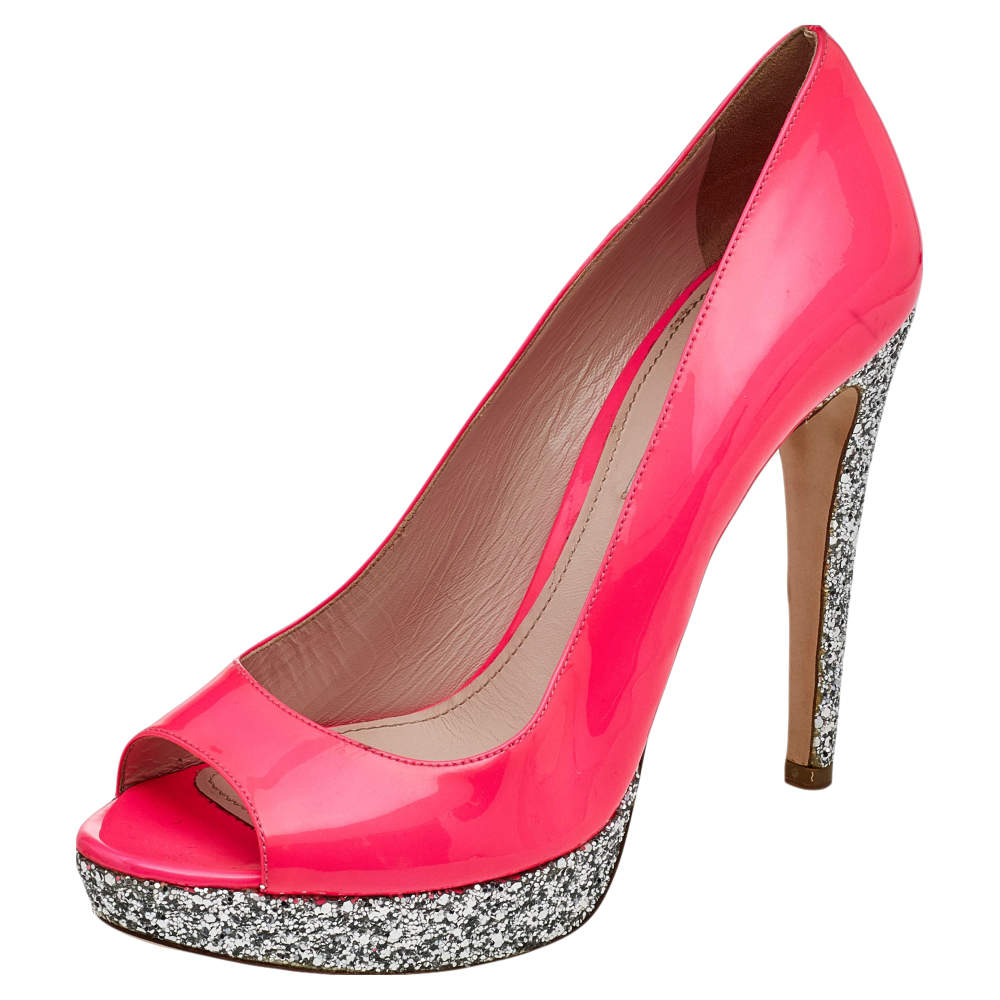 Miu Miu Neon Pink Patent Leather Peep Toe Pumps Size 38.5