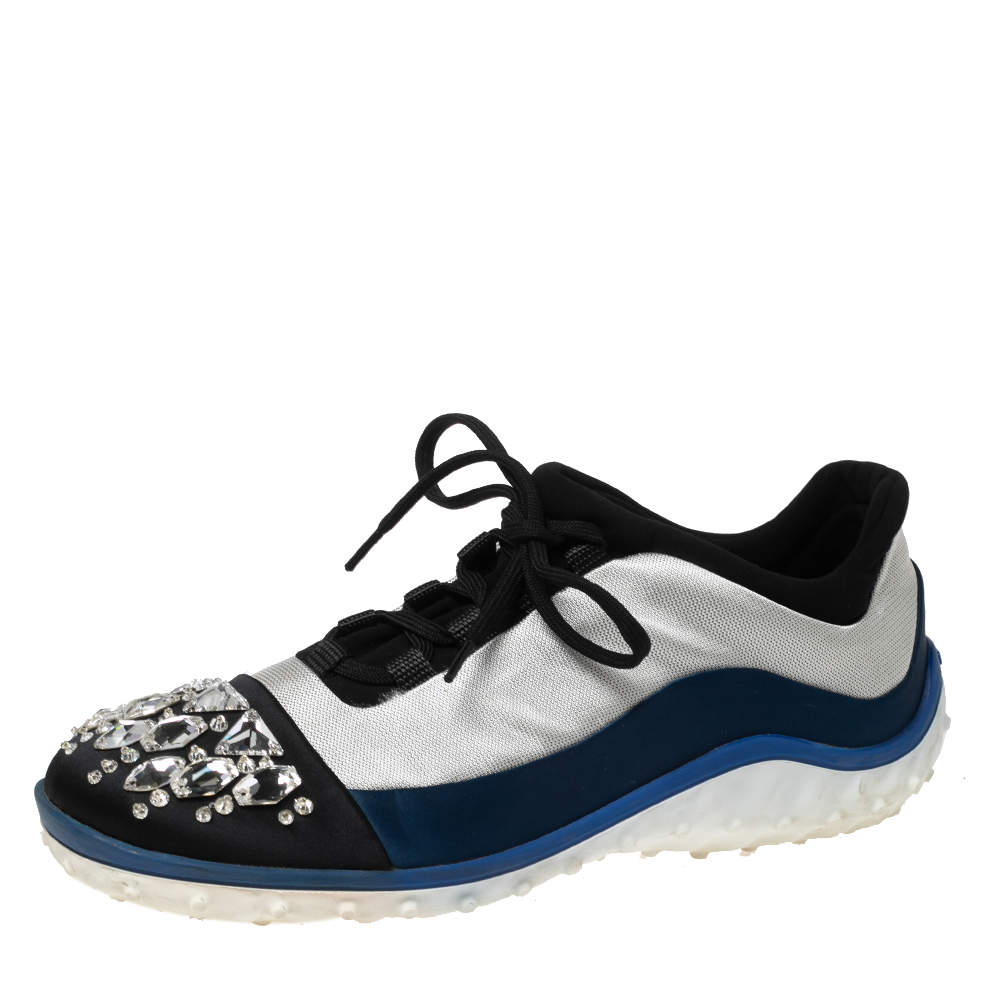 Pre Owned Miu Miu Tri-Color Satin and Fabric Crystal Embellished Cap Toe Lace-Up Sneakers Size 39