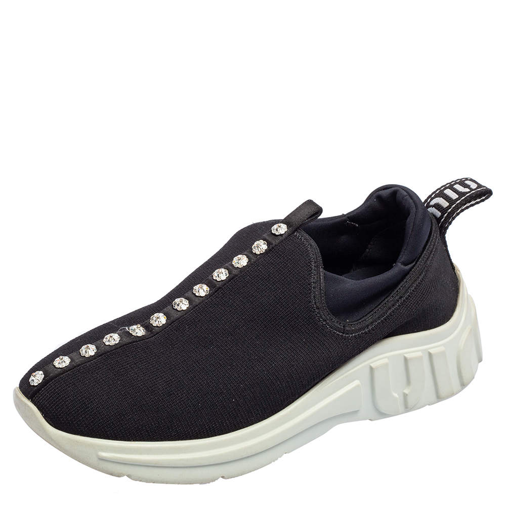 Pre Owned Miu Miu Black Fabric Crystal Embellished Slip On Sneakers Size 37