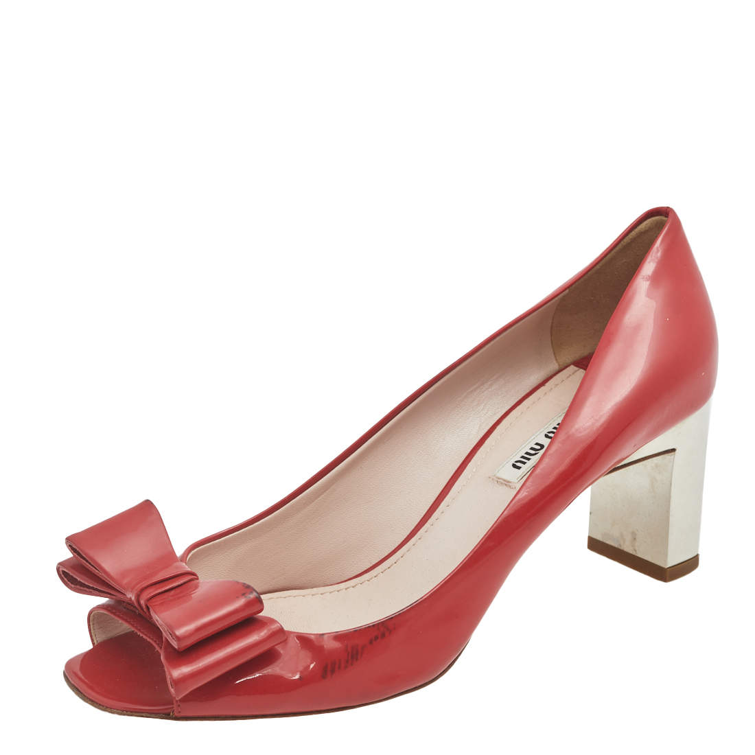 Pre Owned Miu Miu Red Patent Leather Bow And Crystal Embellished Heel Peep Toe Pumps 38