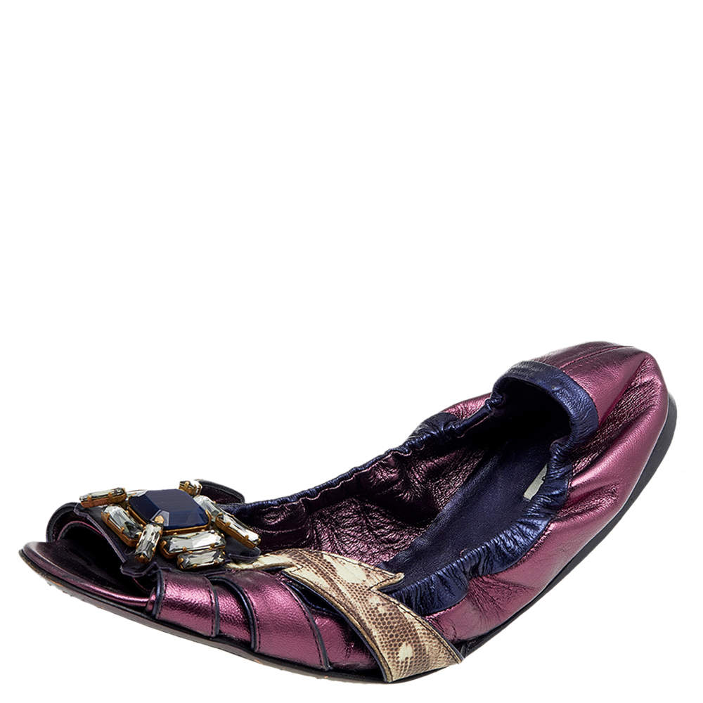 Miu Miu Multicolor Leather Crystal Embellished Flats Size 41