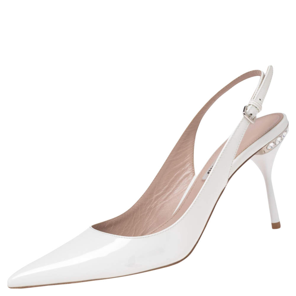 Pre Owned Miu Miu White Patent Leather Slingback Sandals Size 37