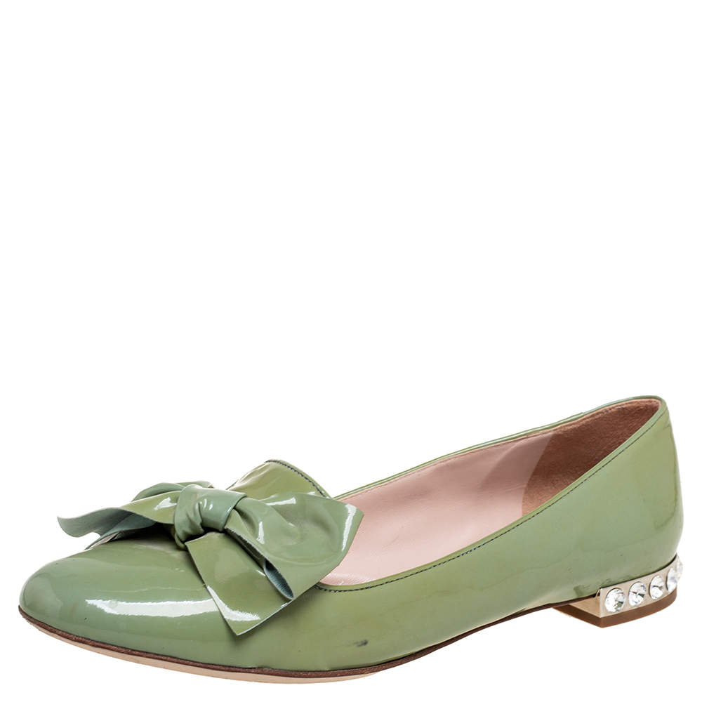 Miu Miu Light Green Patent Leather Bow Ballet Flats Size 36.5