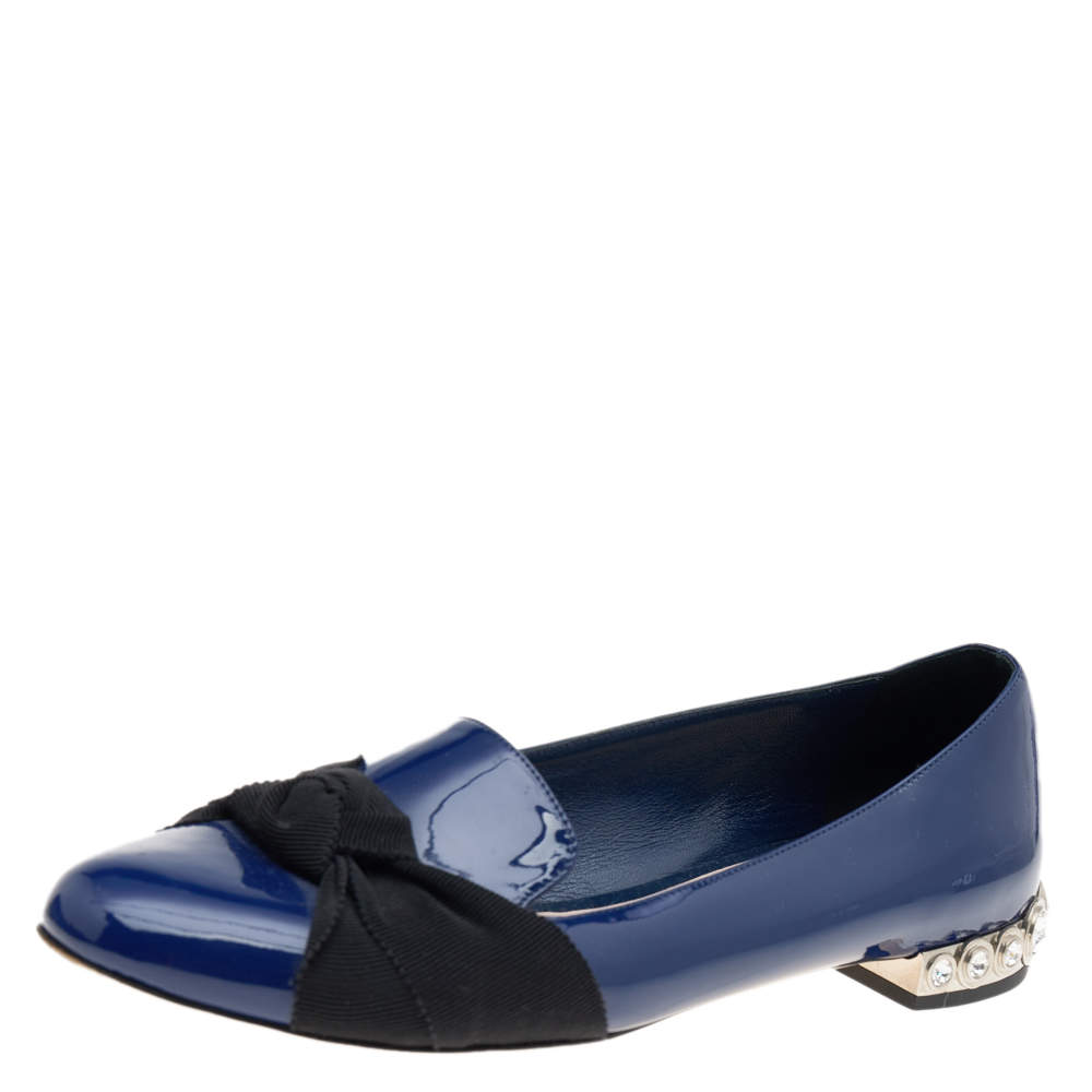 Pre Owned Miu Miu Blue Patent Leather Crystal Embellished Smoking Slippers Size 38