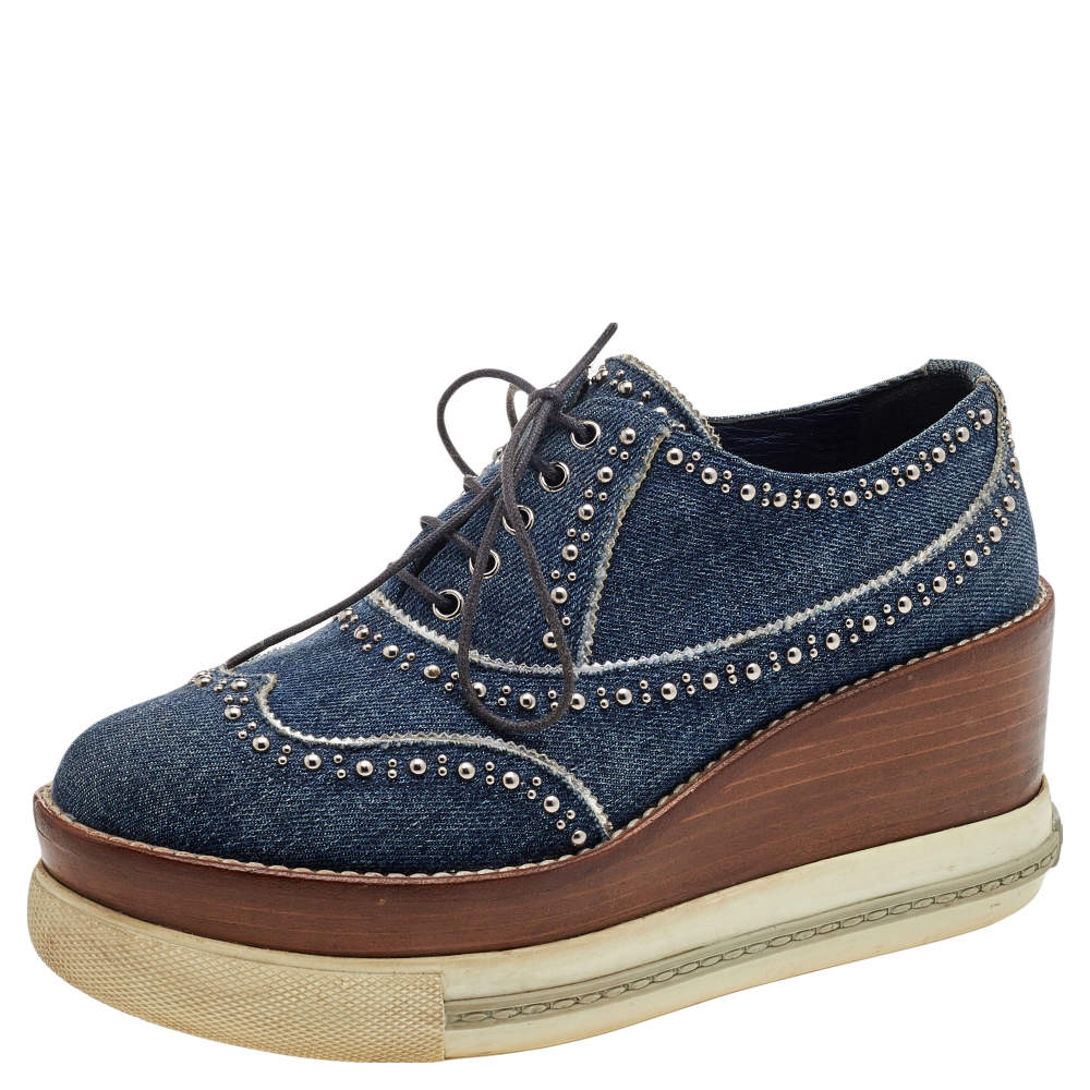 Miu Miu Blue Denim Astro Cork Platform Sneakers Size 36