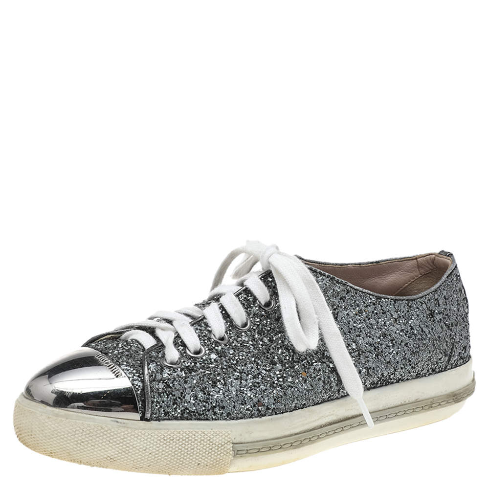 Miu Miu Metallic Grey Glitter Metal Cap Toe Low Top Sneakers Size 38