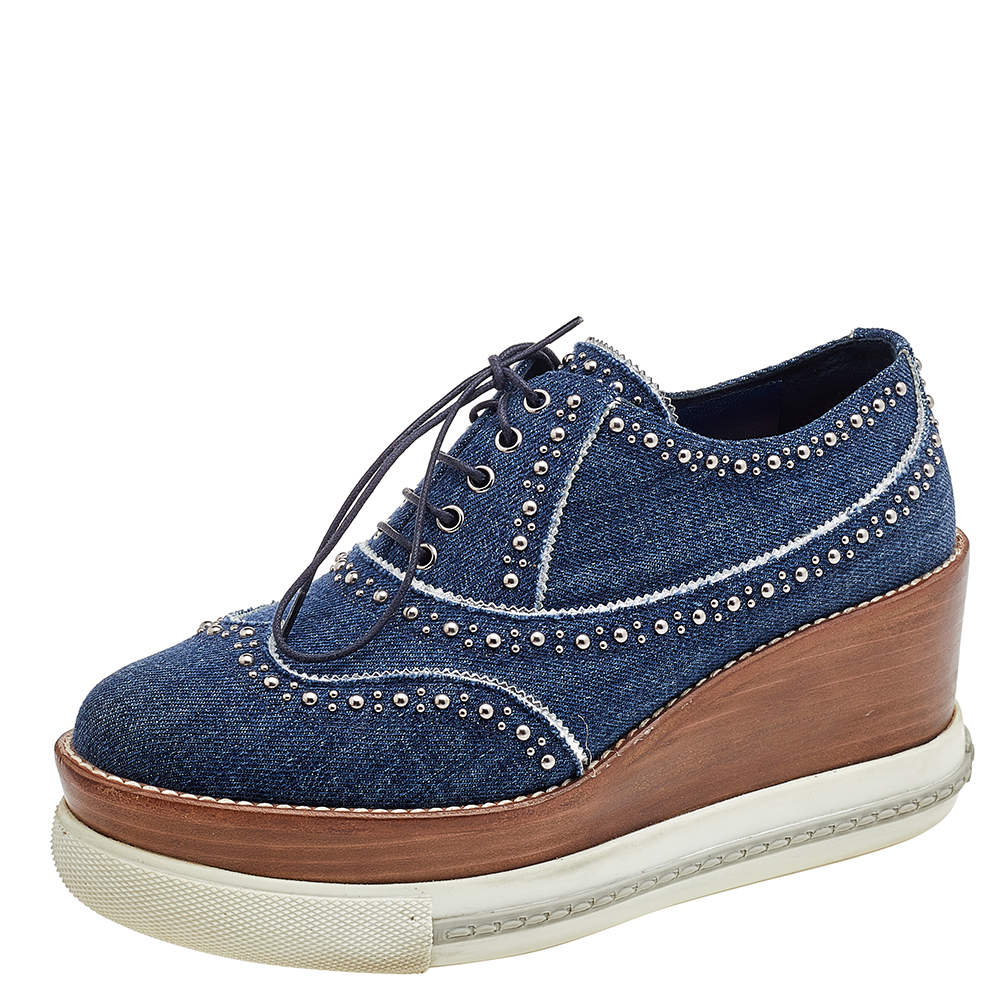 Miu Miu Blue Denim Wedge Platform Oxfords Size 37.5