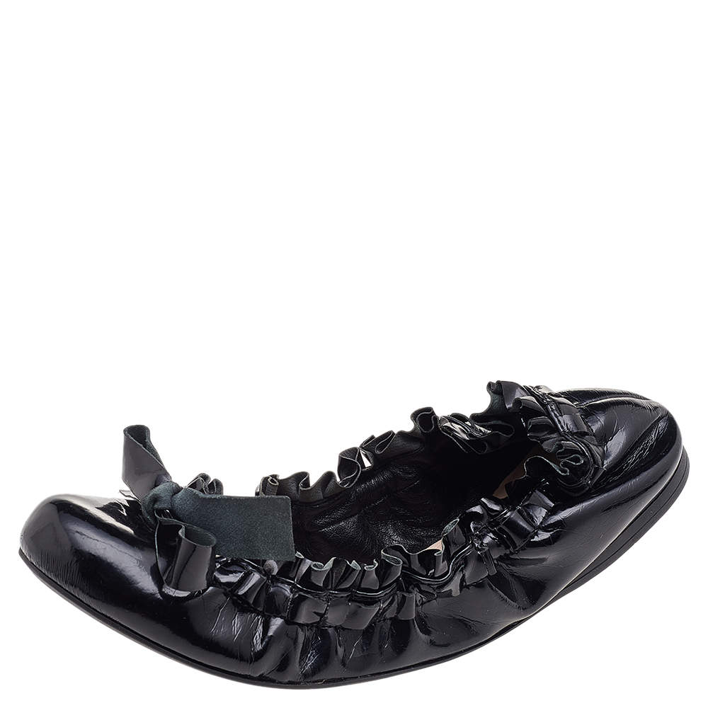 Miu Miu Black Patent Leather Scrunch Bow Ballet Flats Size 35.5