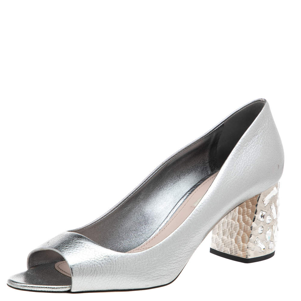 Miu Miu Metallic Silver Leather Crystal Embellished Block Heel Pumps Size 41