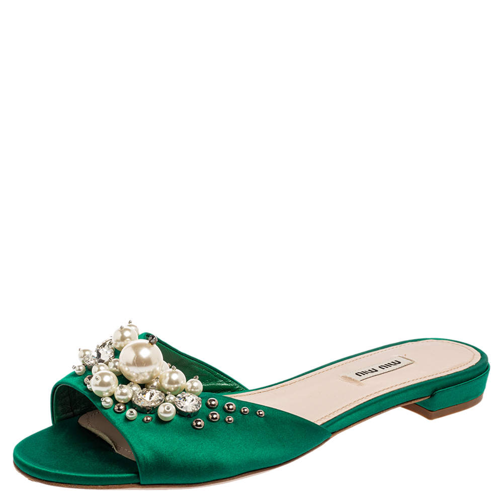 Miu Miu Green Satin Faux Pearl Embellished Flat Slides Size 40