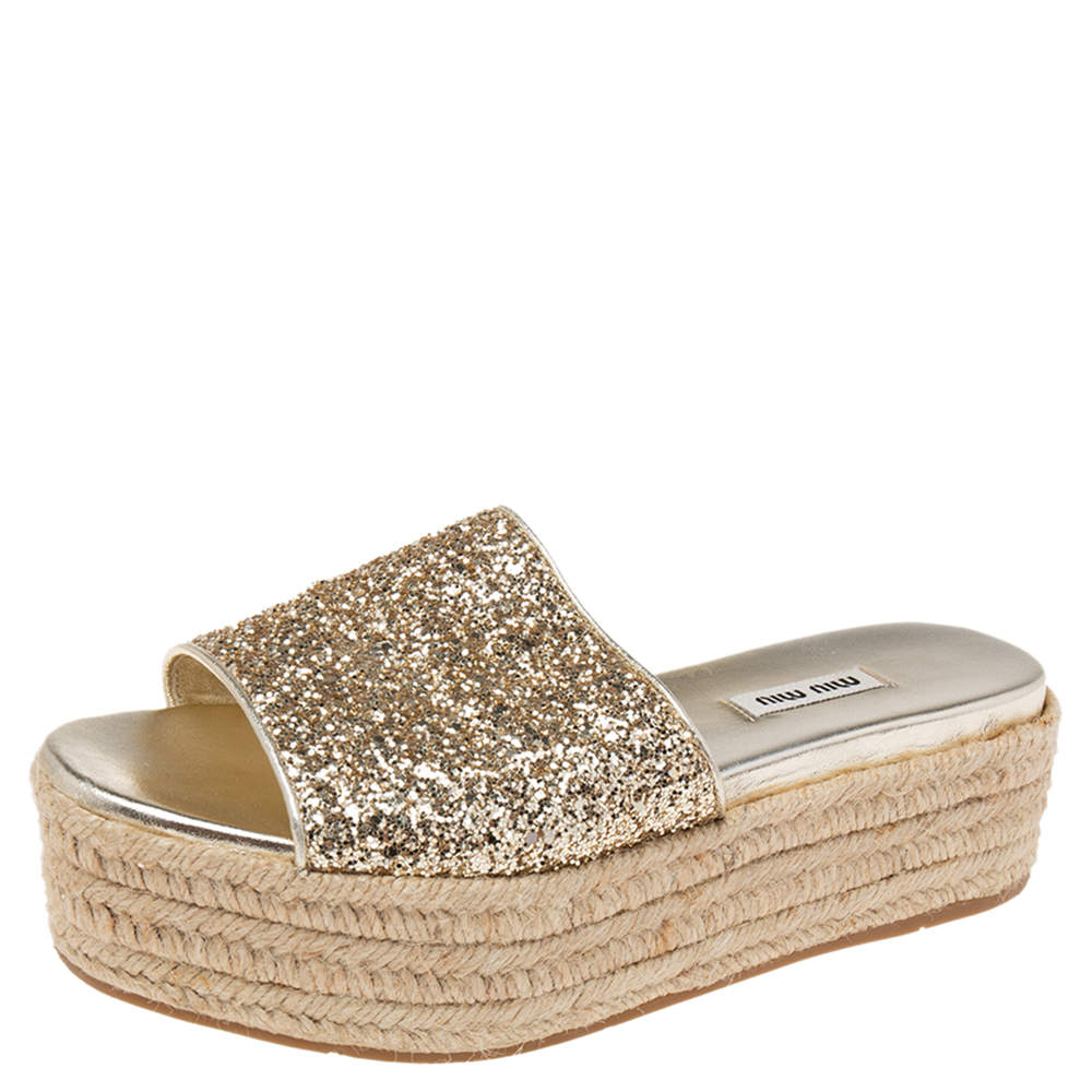 Miu Miu Gold Coarse Glitter Espadrille Platform Slide Sandals Size 39