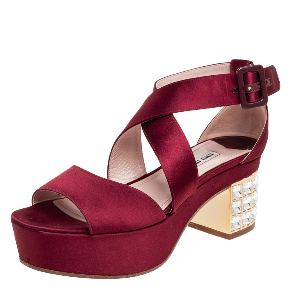 Miu Miu Burgundy Satin Crystal Embellished Block Heel Ankle Strap Sandals Size 37.5