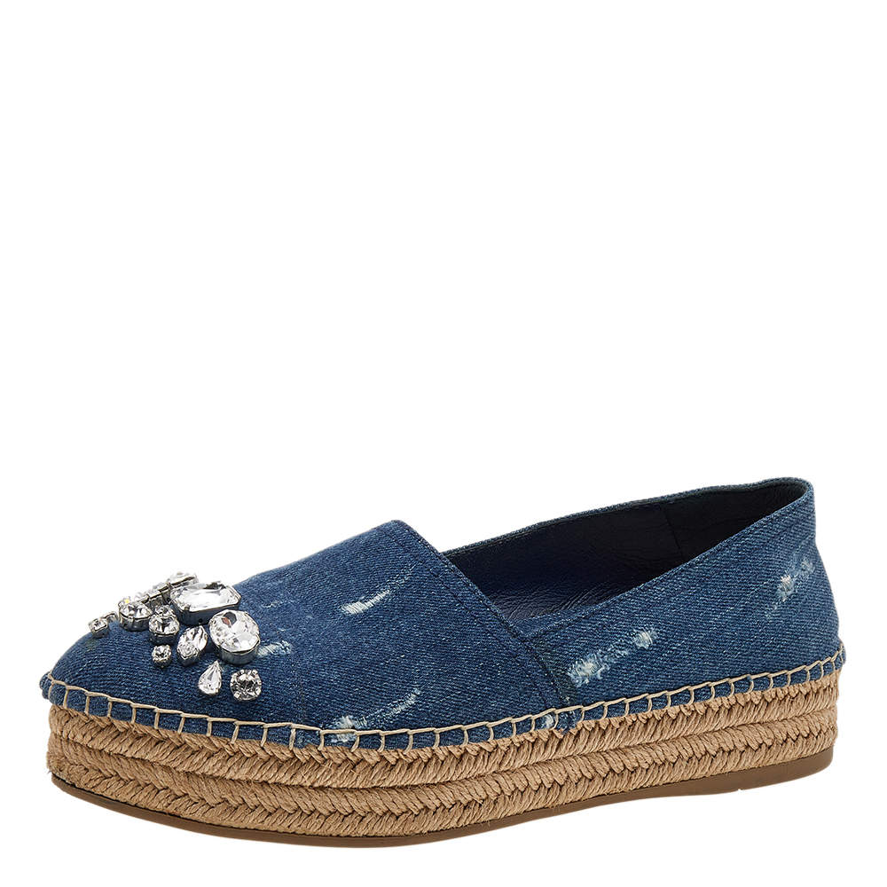 送料/関税込【MIUMIU】JACQUARD DENIM ESPADRILLE Logo jacquard denim espadrilles in blue - Miu Miu | Mytheresa