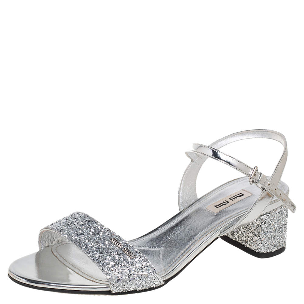 Miu Miu Silver Glitter and Patent Leather Ankle-Strap Sandals Size 38