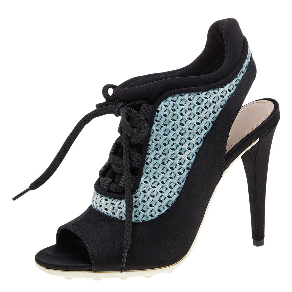 Pre Owned Miu Miu Black/Blue Satin and Mesh Open Toe Slingback Sandals Size 36