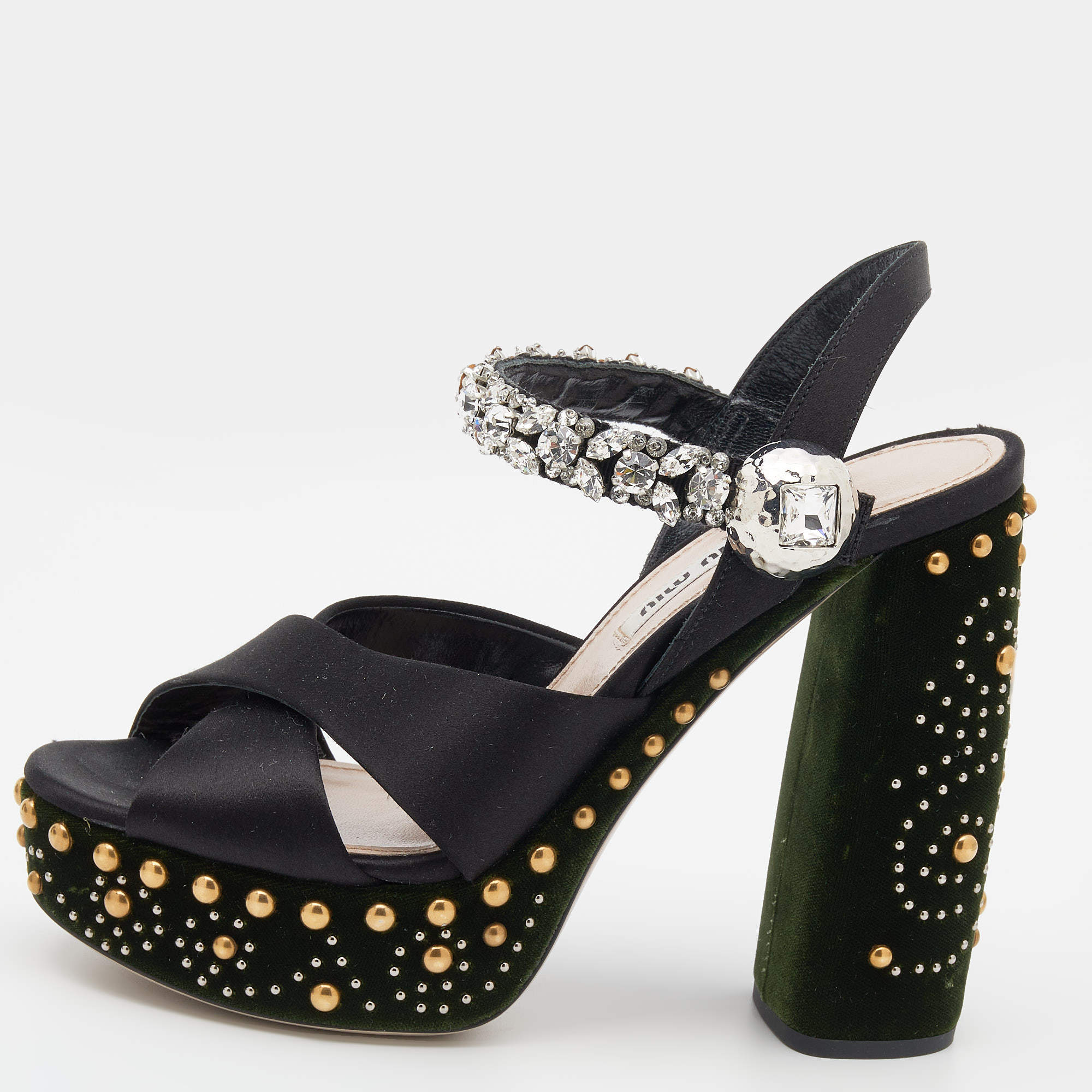 Miu Miu Black Satin Crystal Embellished Criss Cross Platform Ankle Strap Sandals Size 36