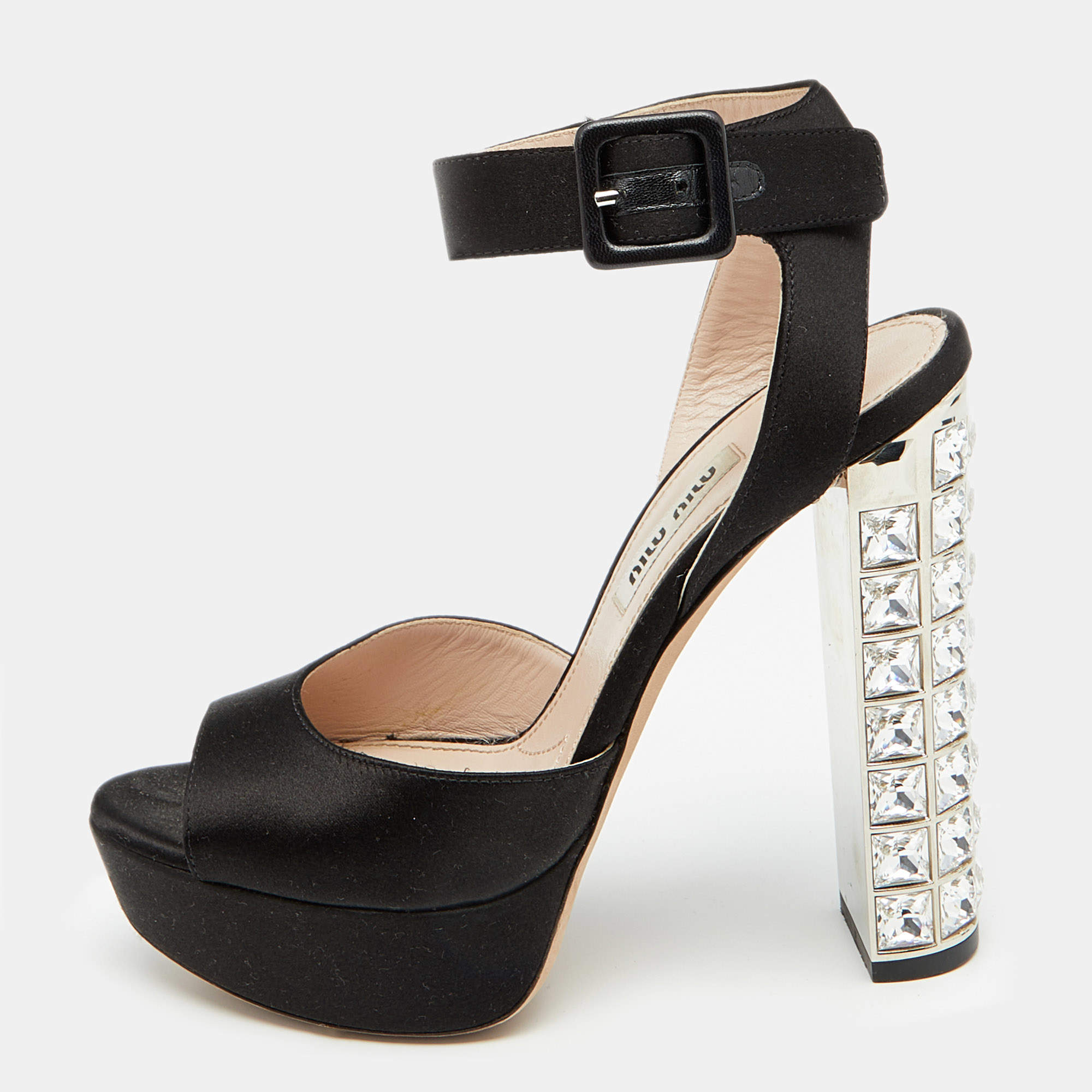 Pre Owned Miu Miu Black Satin Embellished Heel Ankle Strap Sandals Size 36