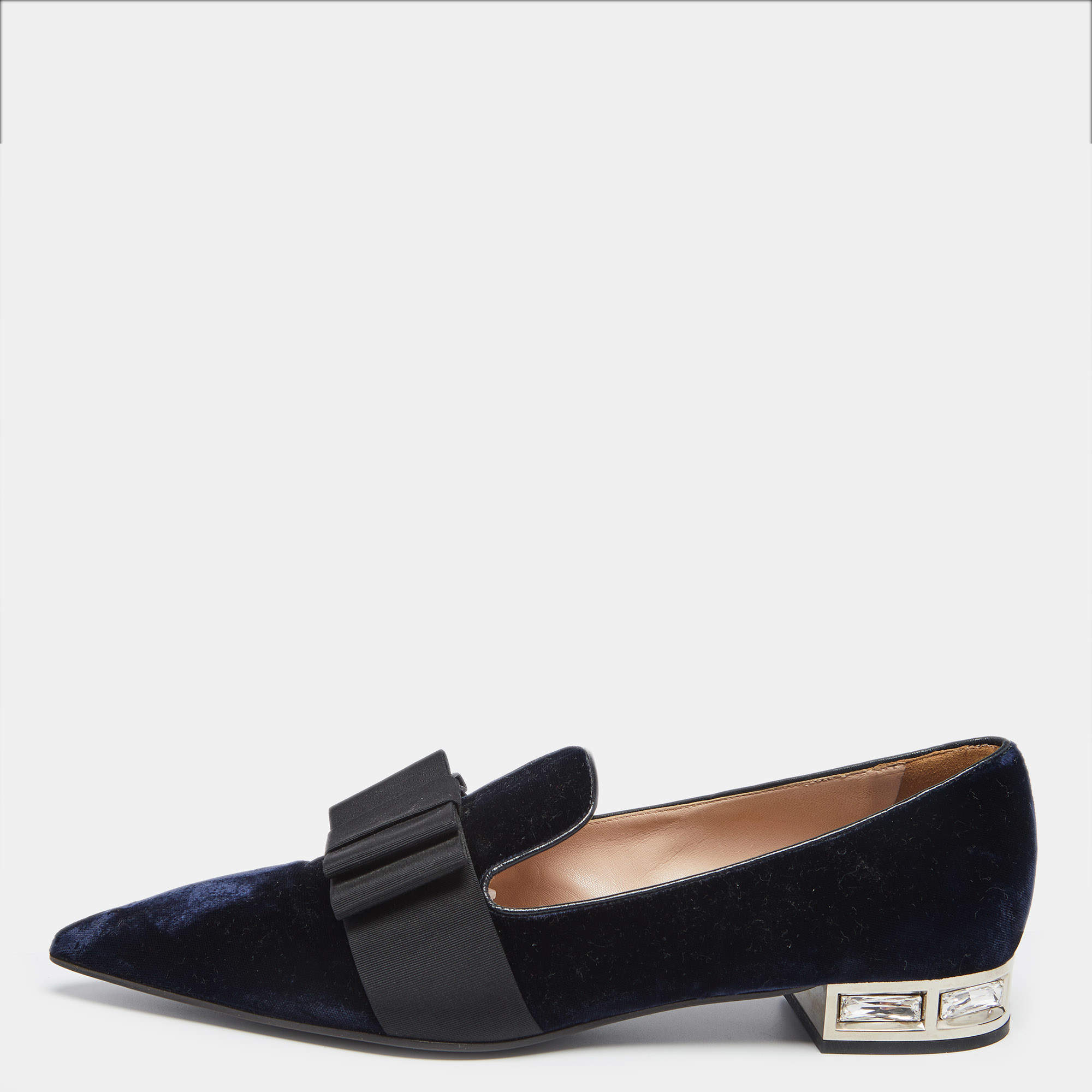 Pre Owned Miu Miu Navy Blue Velvet Bow Pointed Toe Loafers Size 40