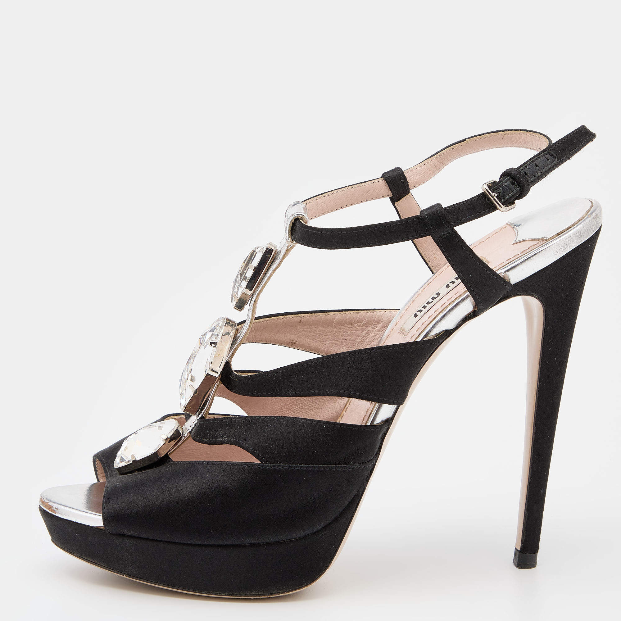 Miu Miu Black Satin Crystal Embellished Platform Ankle Strap Sandals Size 39.5