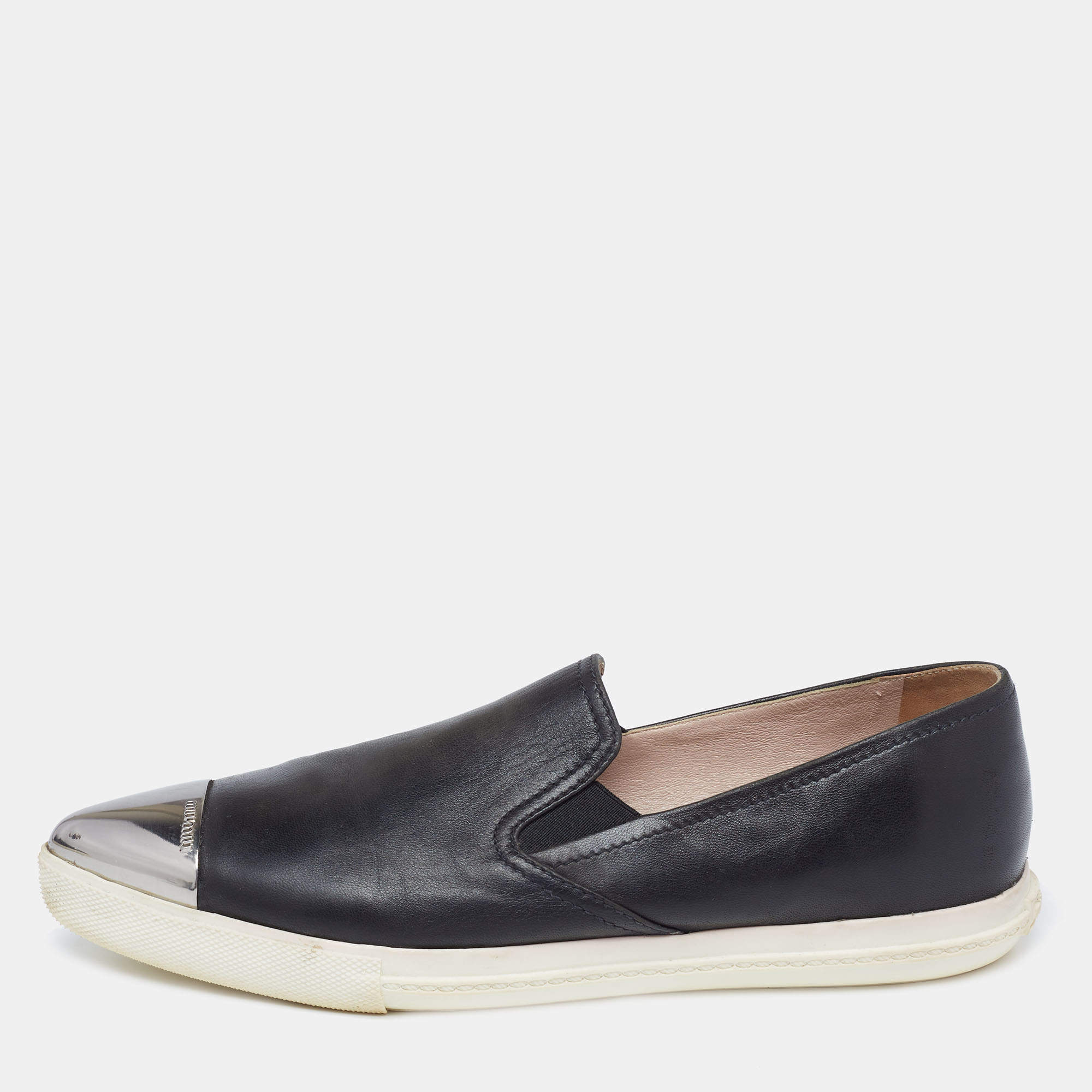 Pre Owned Miu Miu Black Leather Metal Cap-Toe Slip-On Sneakers Size 41