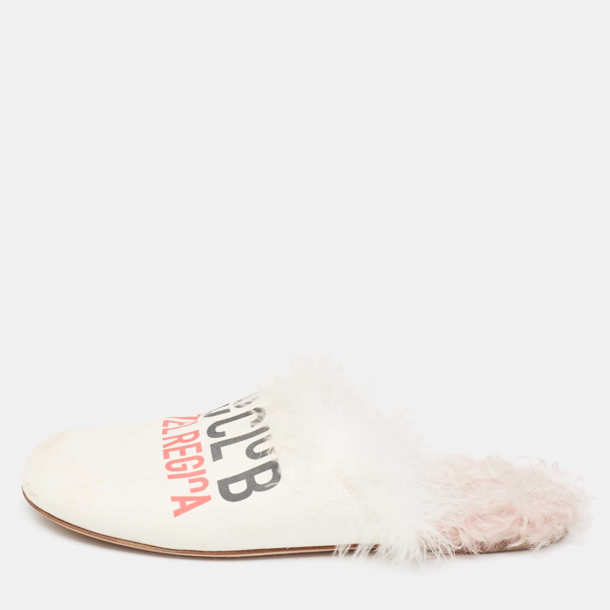 Pre Owned Miu Miu White Canvas And Fur Mule Flats Size 37