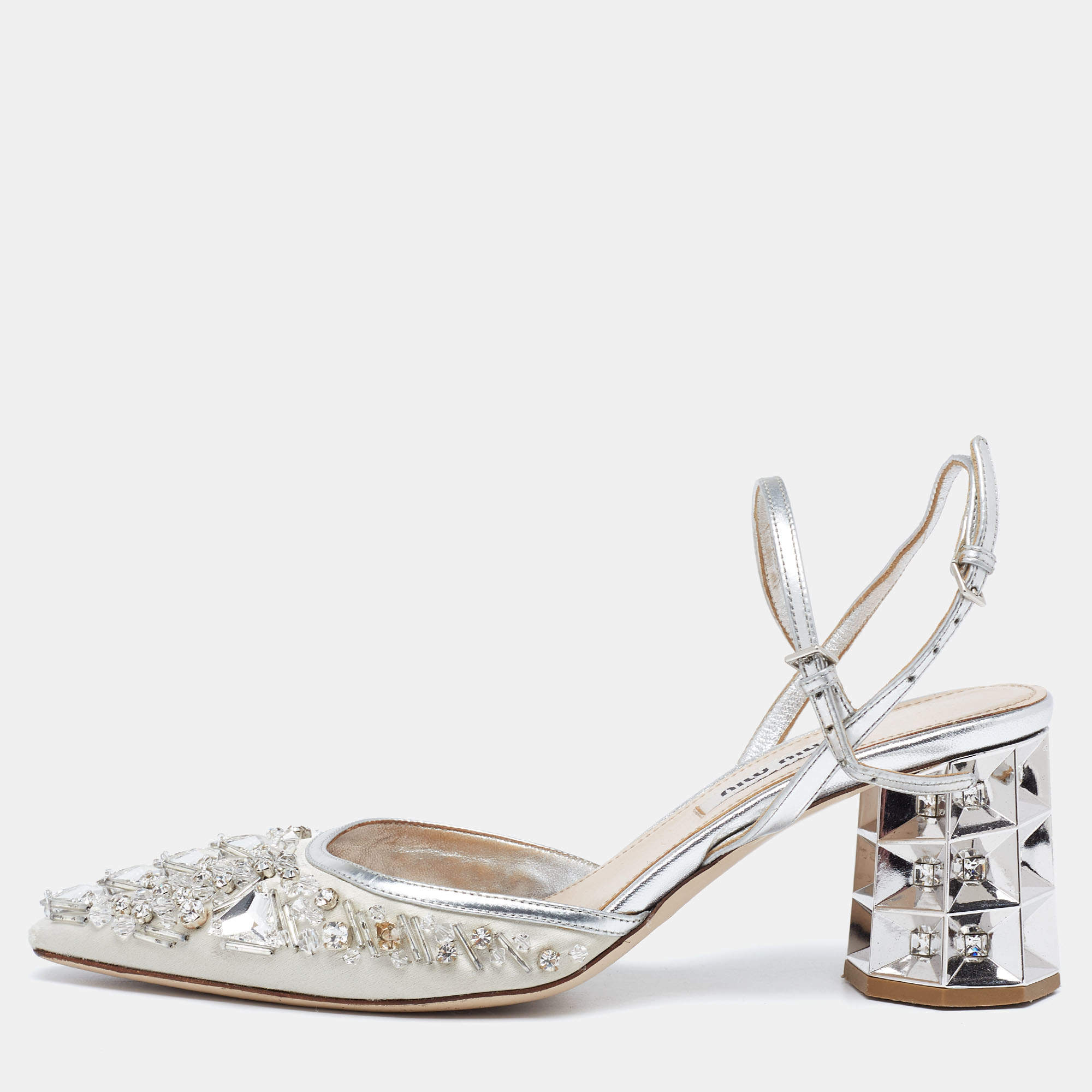Pre Owned Miu Miu Silver/Grey Leather And Satin Crystal Embellished Block Heel Sandals Size 36