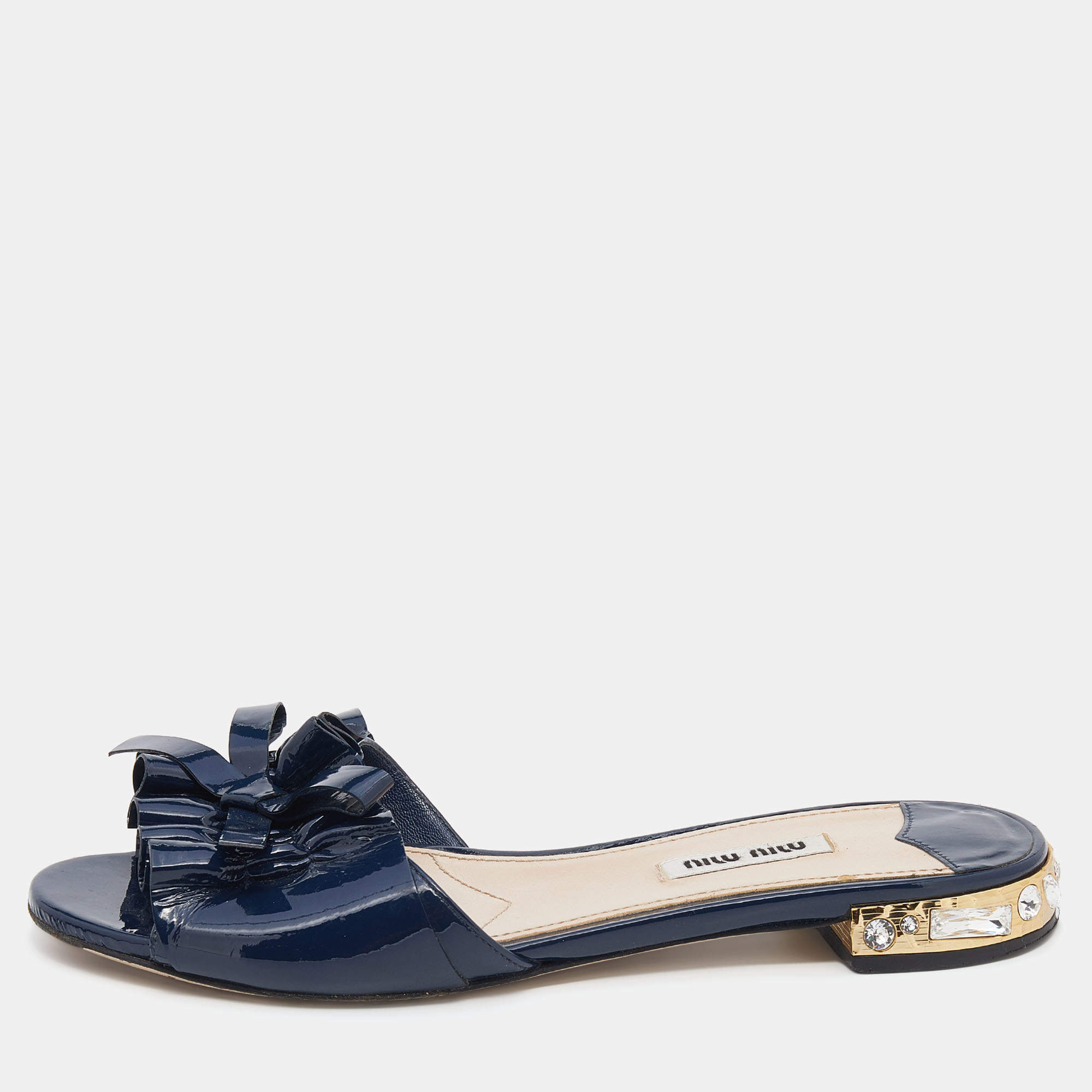 Miu Miu Navy Blue Patent Leather Bow Crystal Embellished Heel Slide Sandals Size 37