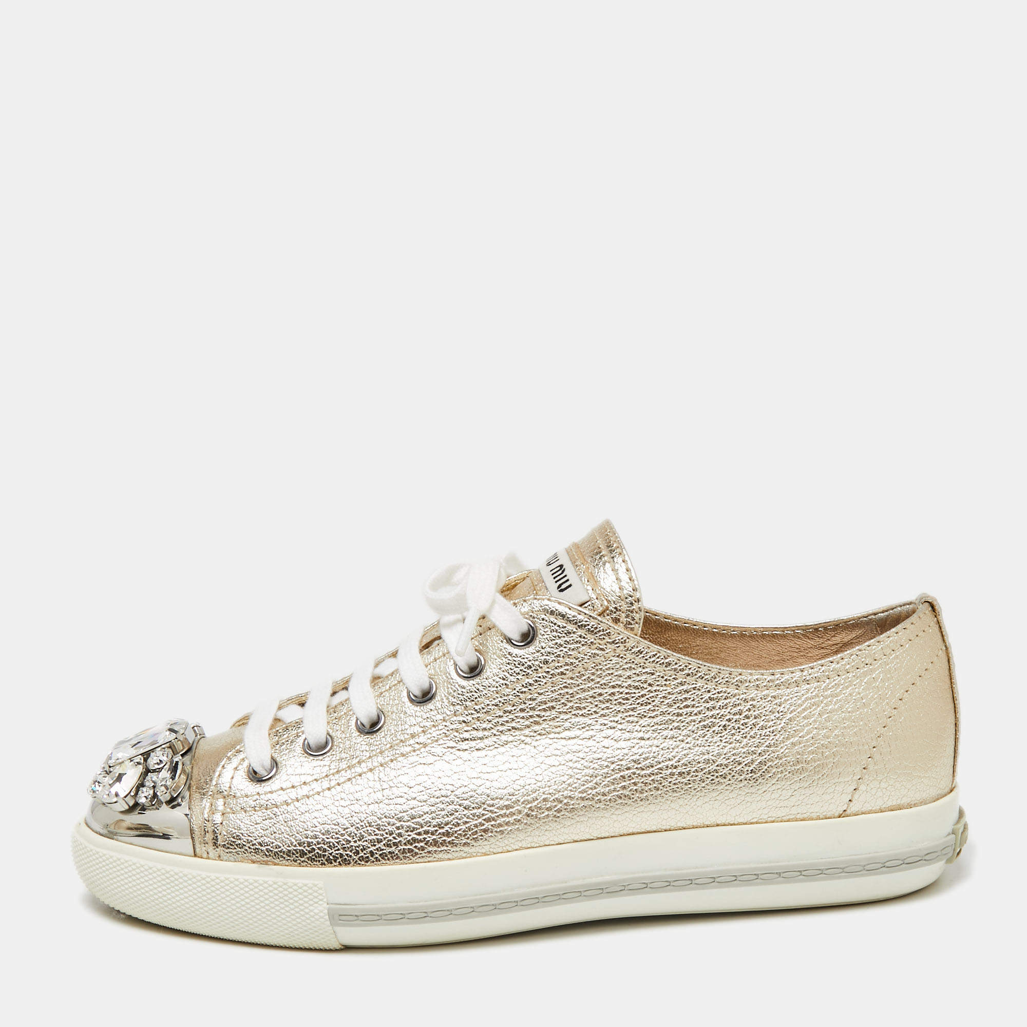 Pre Owned Miu Miu Gold Leather Crystal Embellished Cap Toe Sneakers Size 38.5 