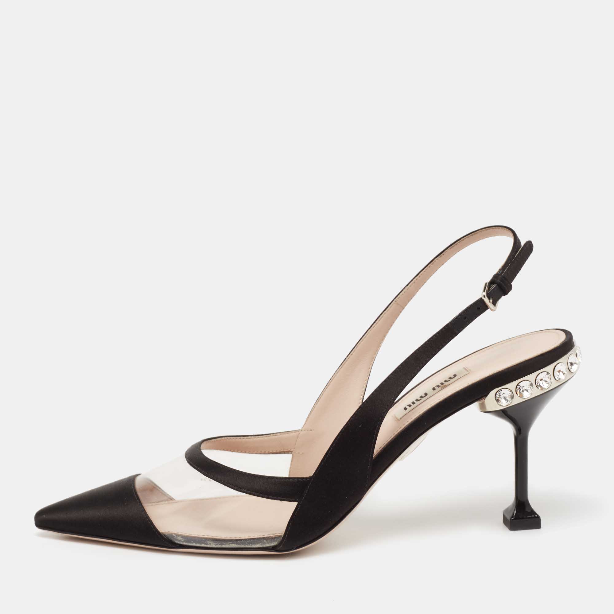 مملوكة مسبقًا Miu Miu Black Satin And PVC Crystal Embellished Slingback Pumps Size 39