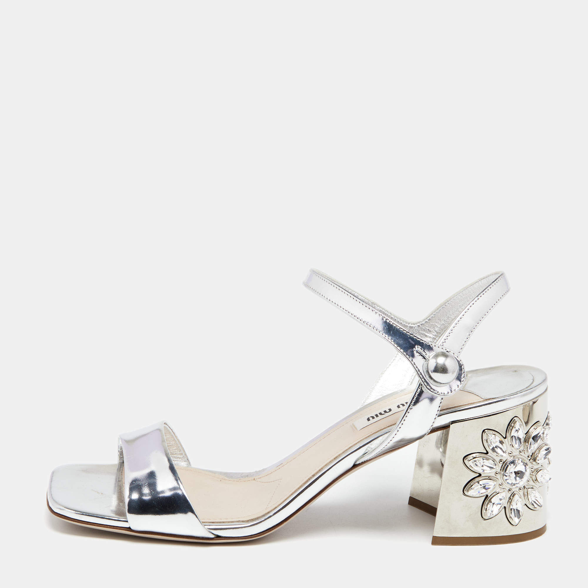 Pre Owned Miu Miu Silver Patent Leather Crystal Embellished Block Heel Ankle Strap Sandals Size 40