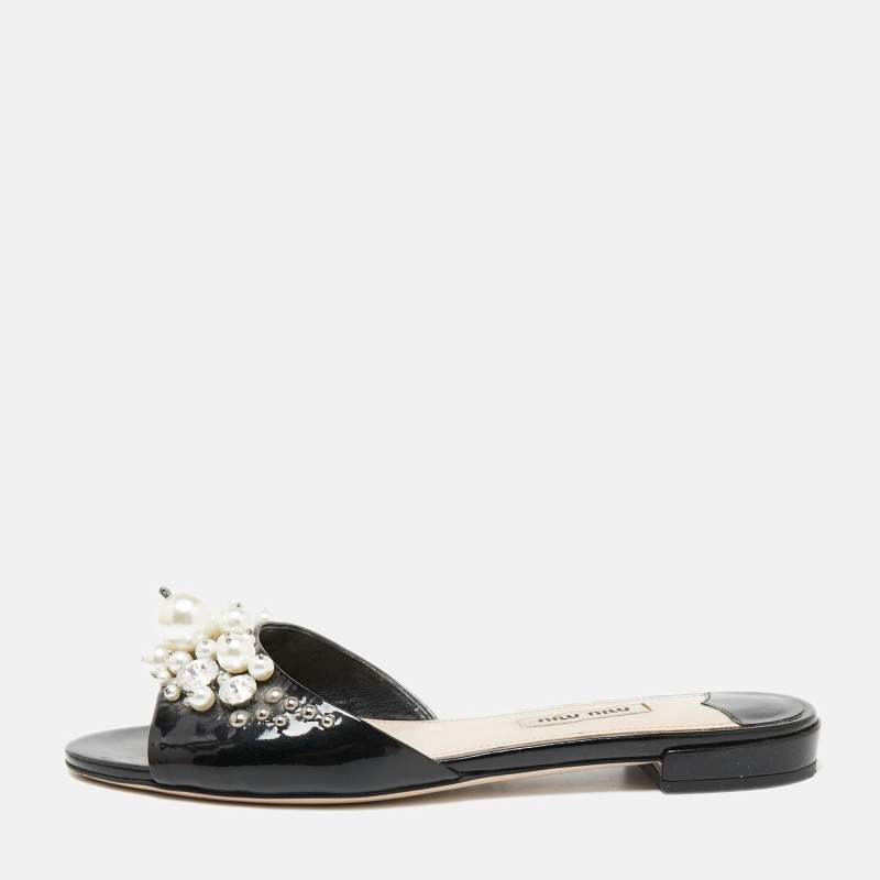 Miu Miu Black Patent Leather Pearl Embellished Flats Size 37