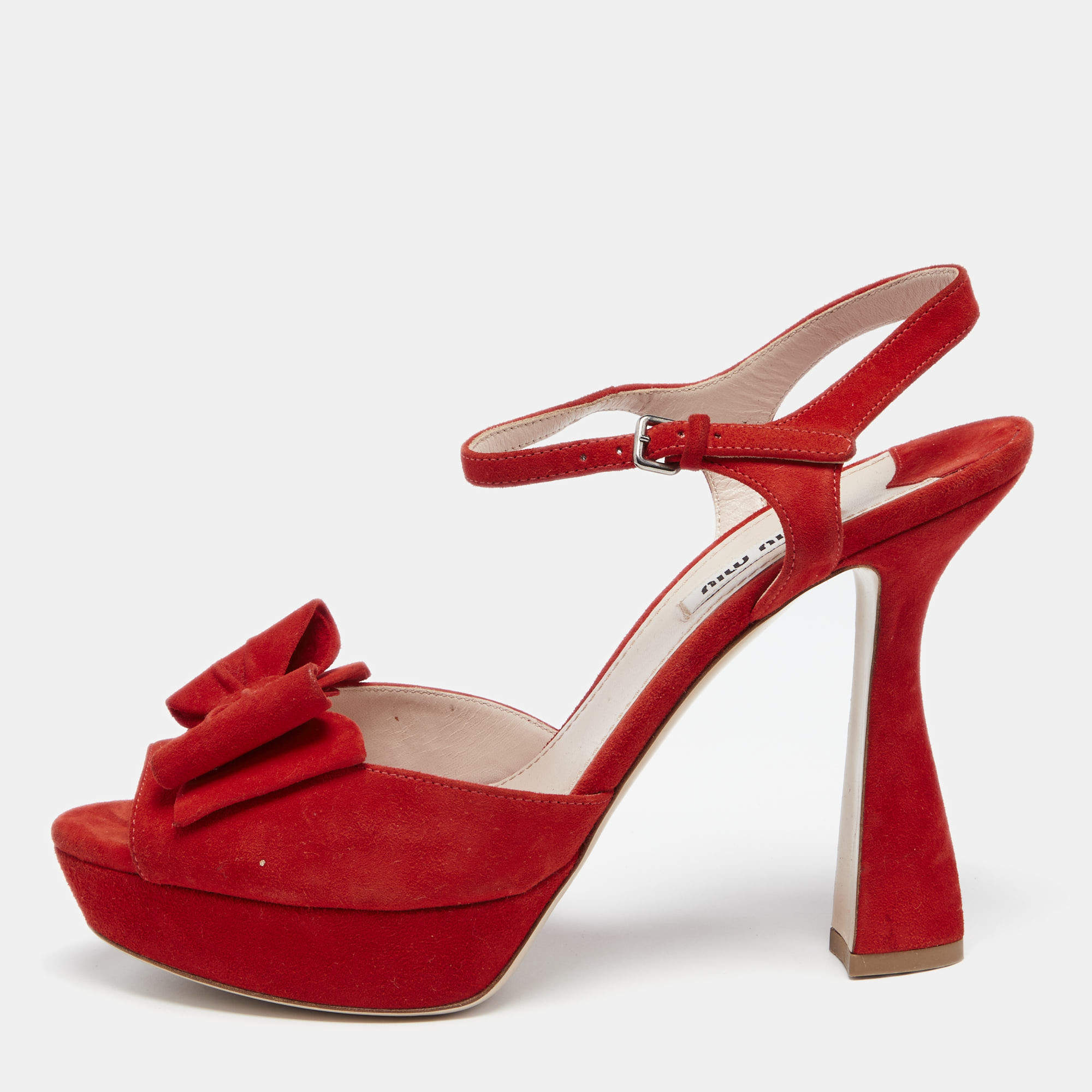 Miu Miu Red Suede Bow Ankle Strap Platform Sandals Size 39.5