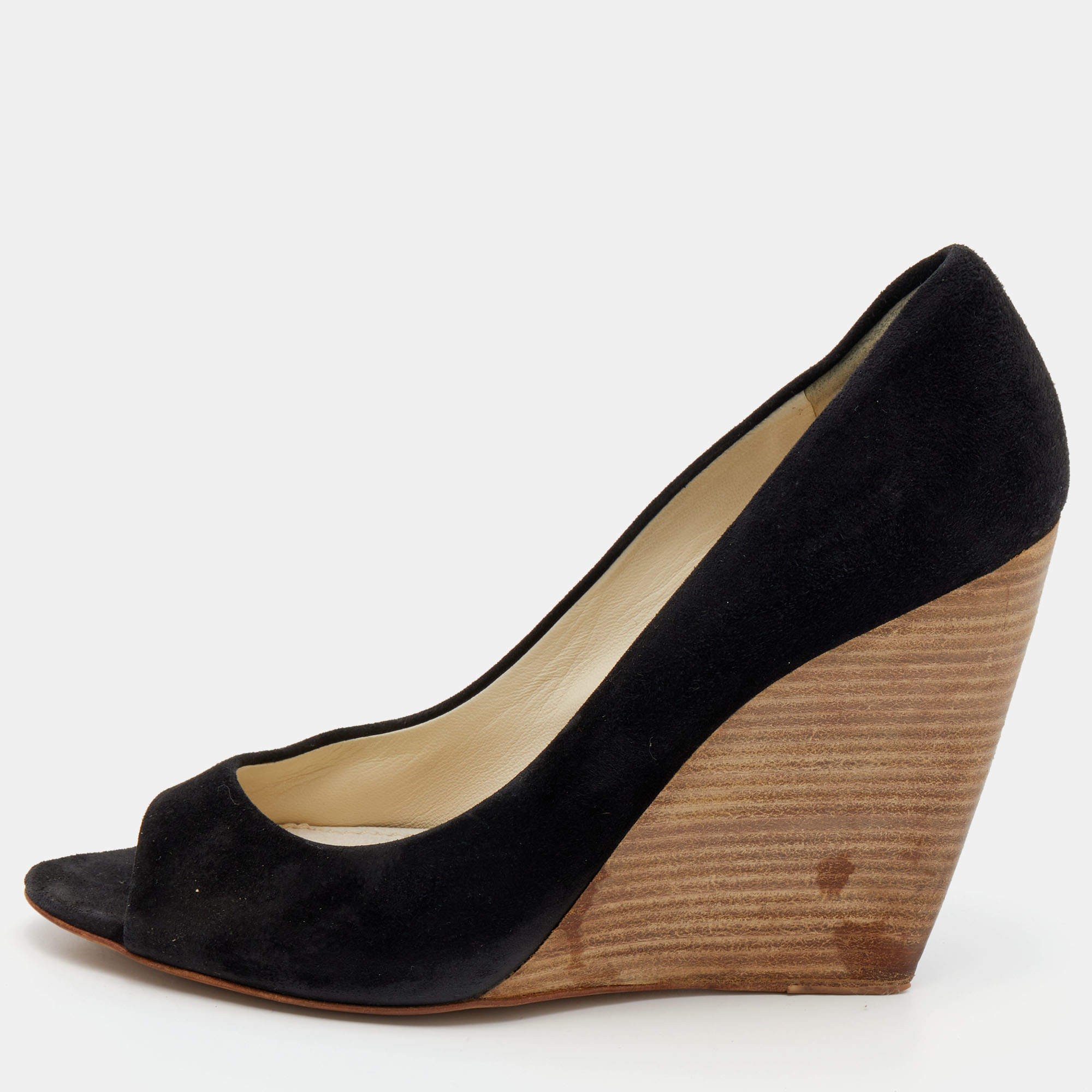 Miu Miu Black Suede Peep Toe Wedge Pumps Size 39