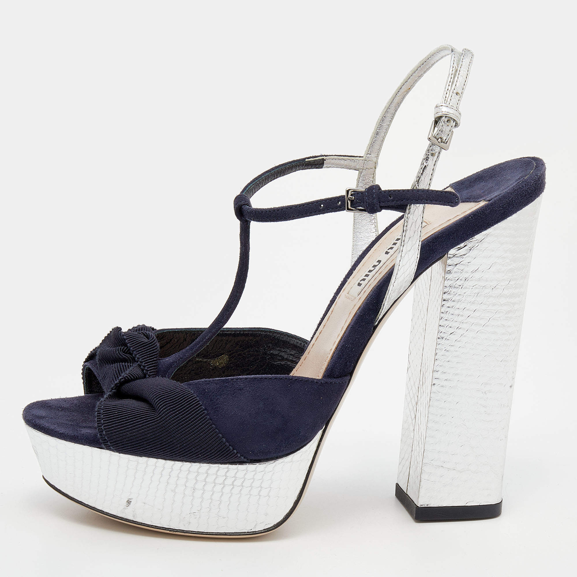 مملوكة مسبقًا Miu Miu Navy Blue/Silver Suede and Snakeskin Embossed Leather T-Strap Platform Sandals Size 37