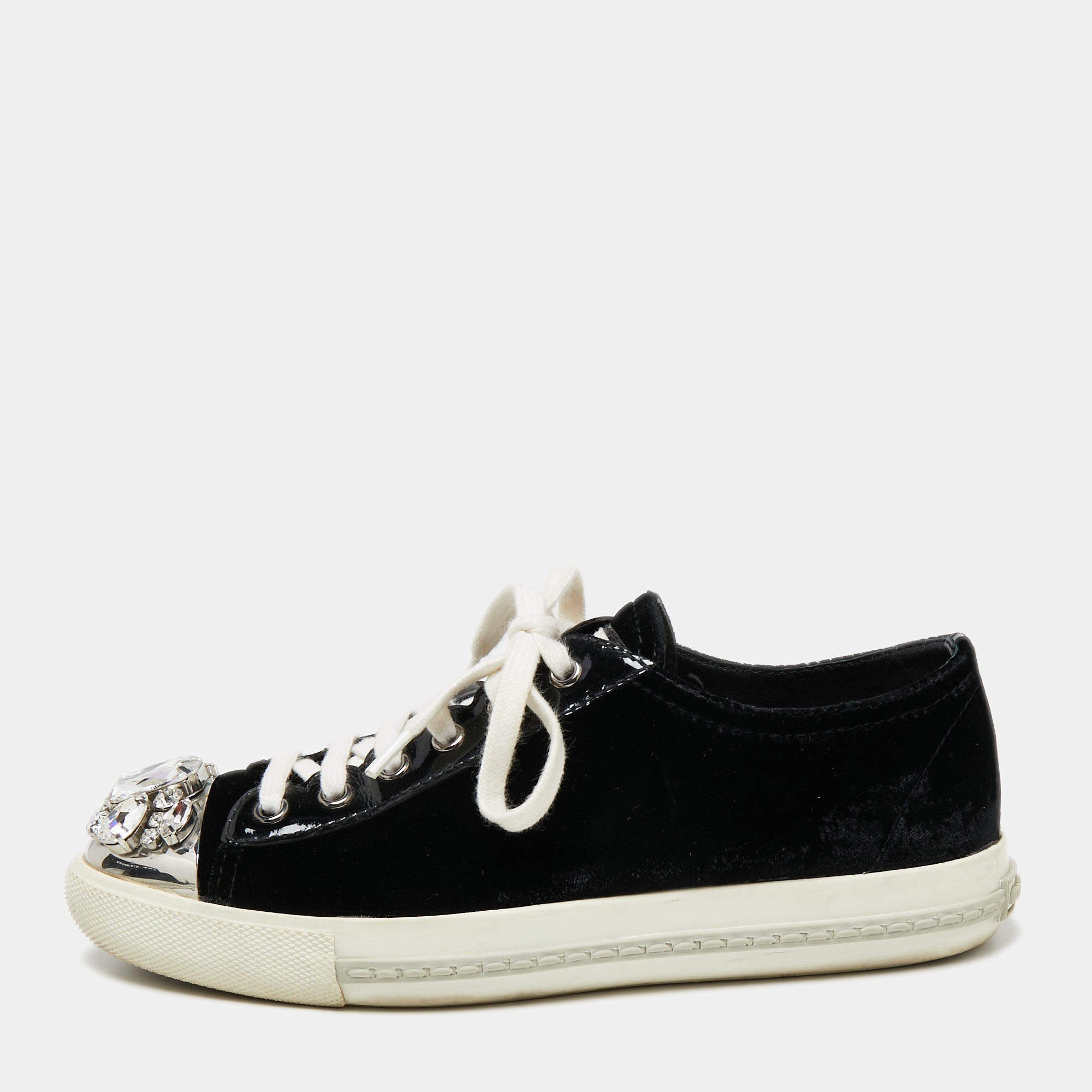 Pre Owned Miu Miu Black Patent Leather And Velvet Crystal Embellished Cap Toe Lace Up Sneakers Size 37