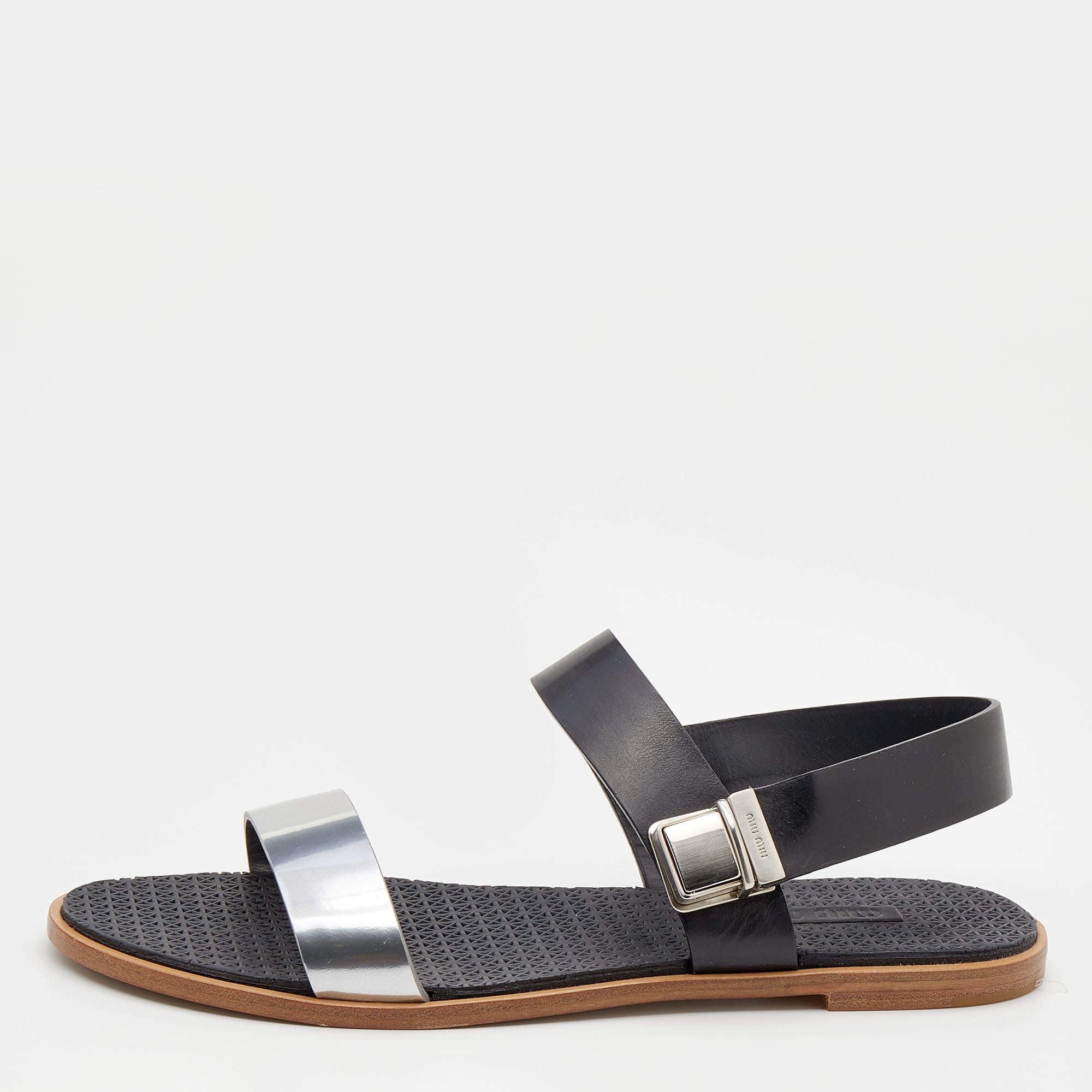 Pre Owned Miu Miu Black/Silver Leather Slingback Flat Sandals Size 39