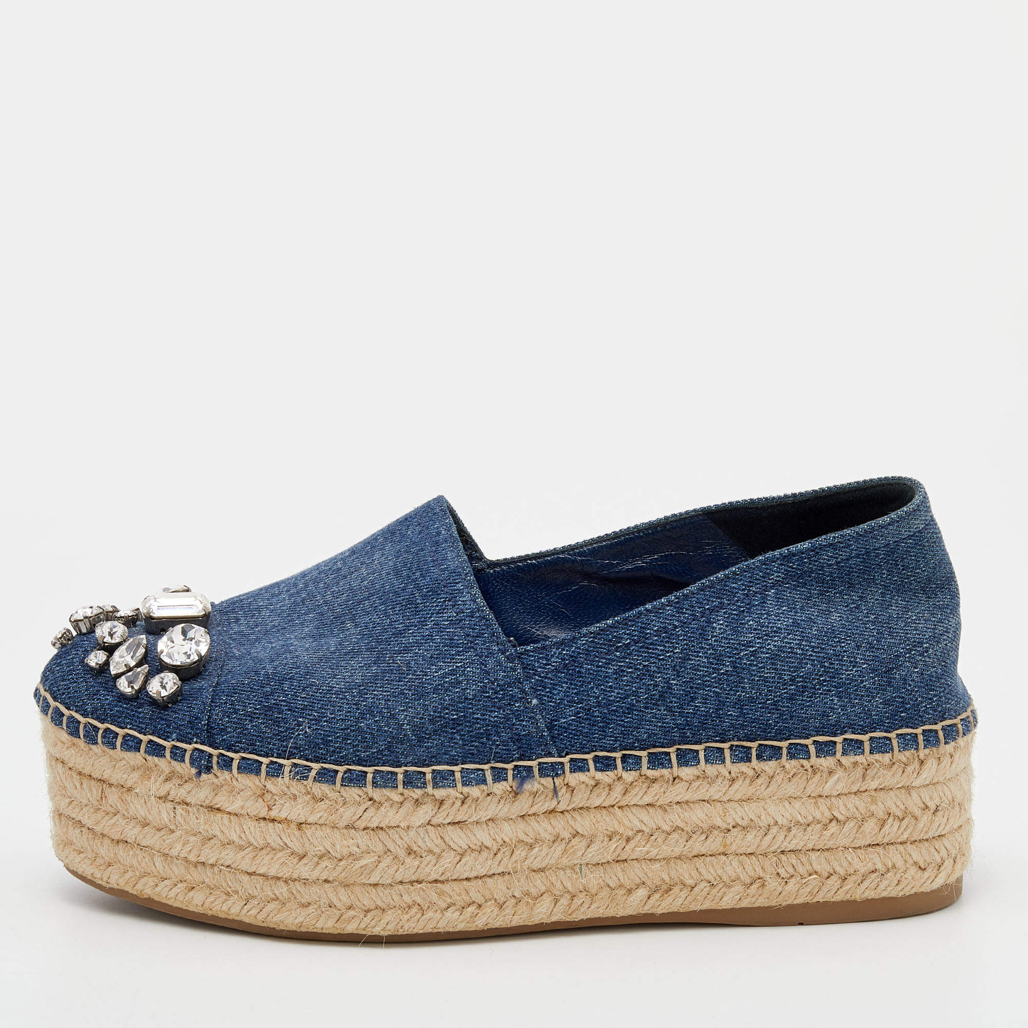 مملوكة مسبقًا Miu Miu Blue Denim Crystal Embellished Cap Toe Platform Espadrilles Size 35