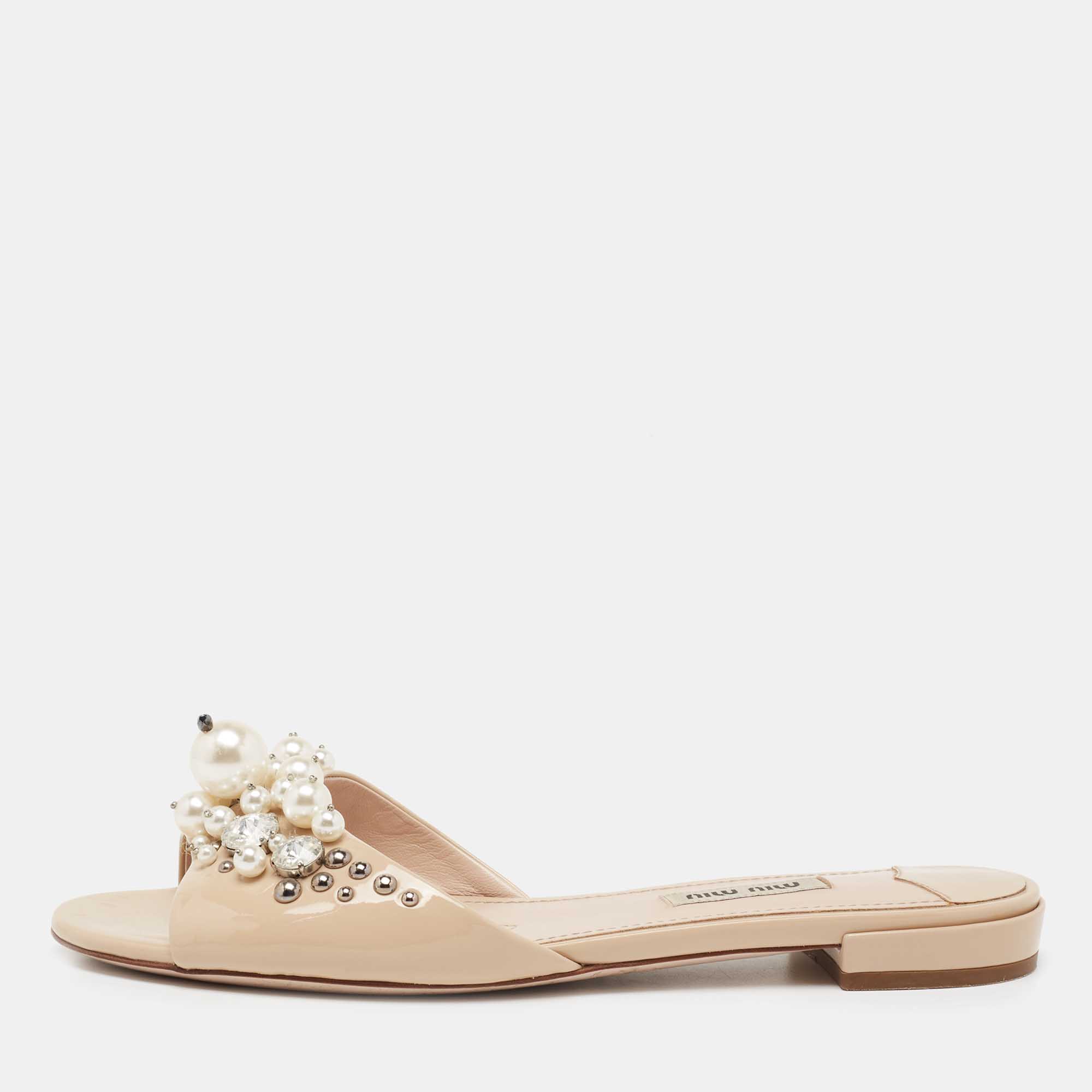 Pre Owned Miu Miu Beige Patent Leather Pearl Embellished Flats Size 37.5