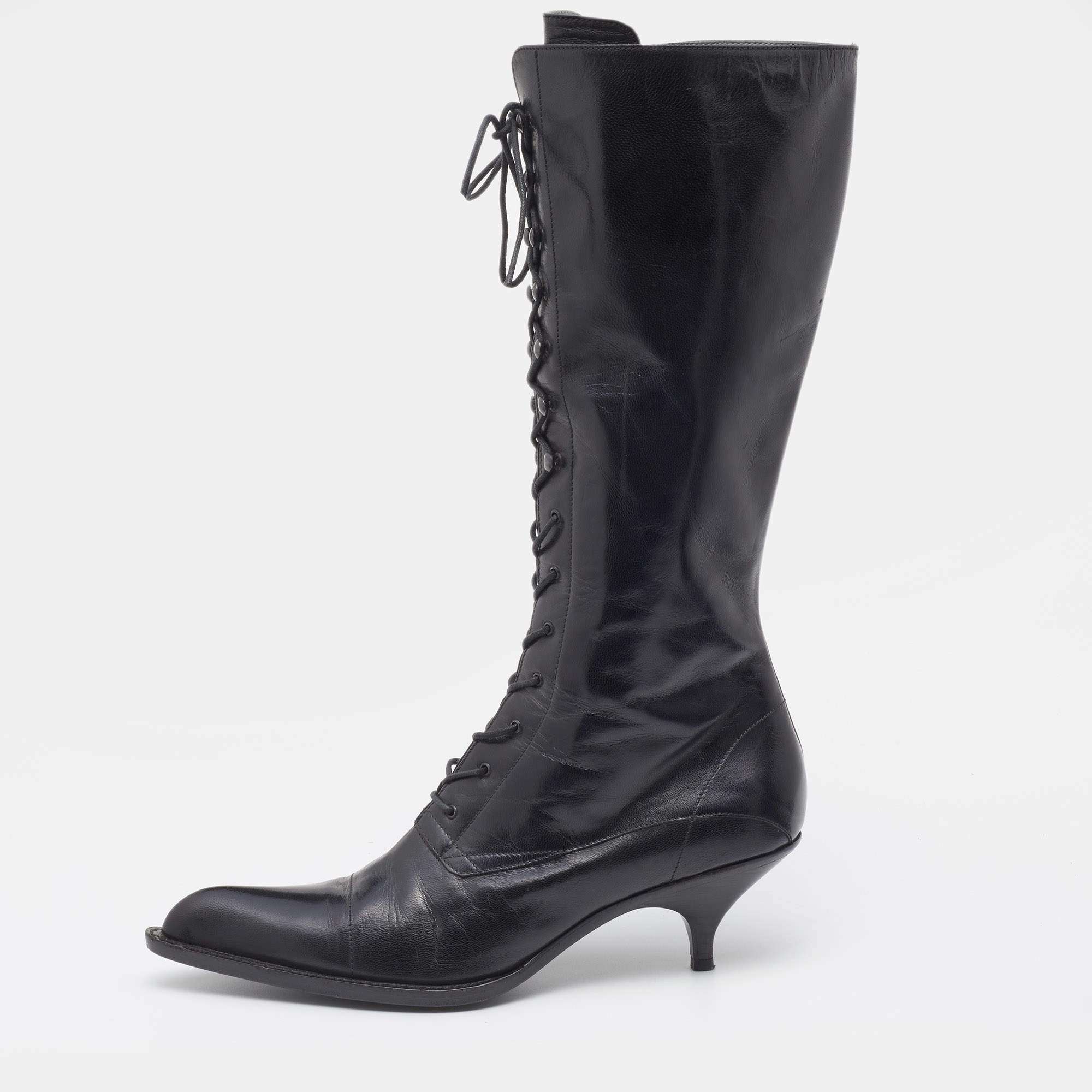 Pre Owned Miu Miu Black Leather Lace Up Knee Length Boots Size 40