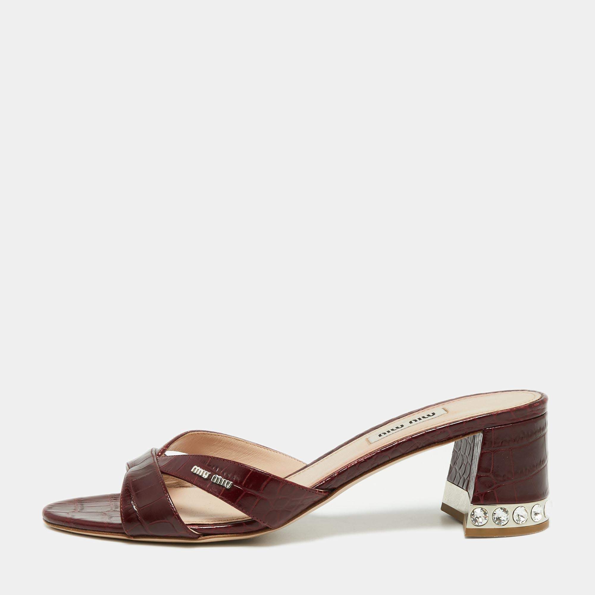 Pre Owned Miu Miu Burgundy Croc Embossed Leather Crystal Embellished Heel Slide Sandals Size 39.5