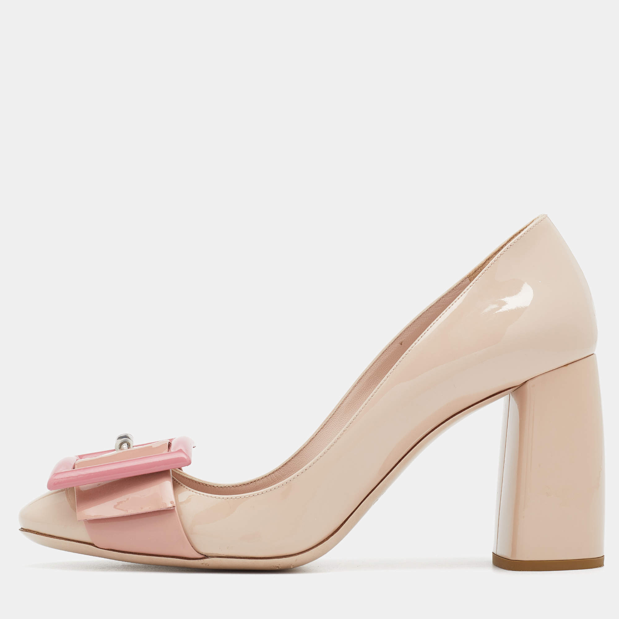 مملوكة مسبقًا Miu Miu Tri-Color Patent Leather Buckle Detail Block Heel Pumps Size 39