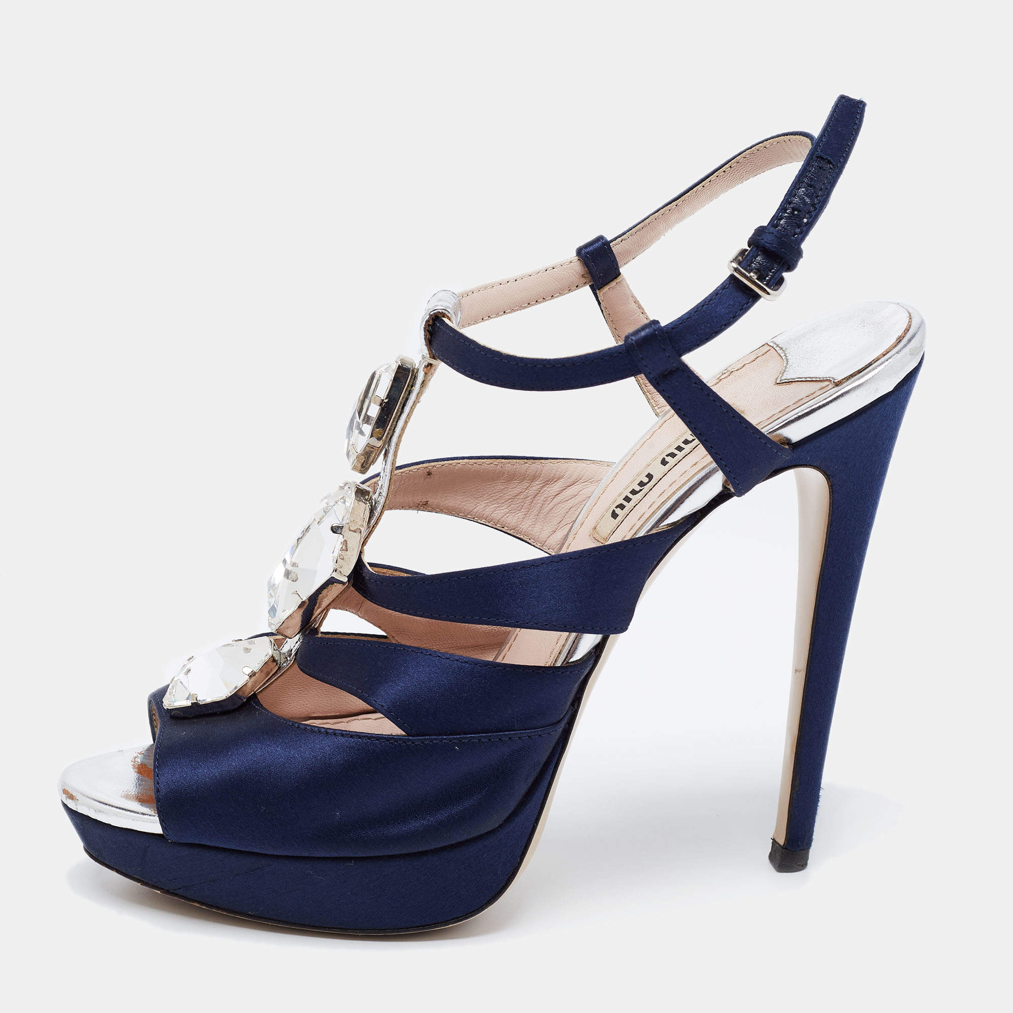 Miu Miu Navy Blue Satin Crystal Embellished T-Bar Ankle Strap Platform Sandals Size 37