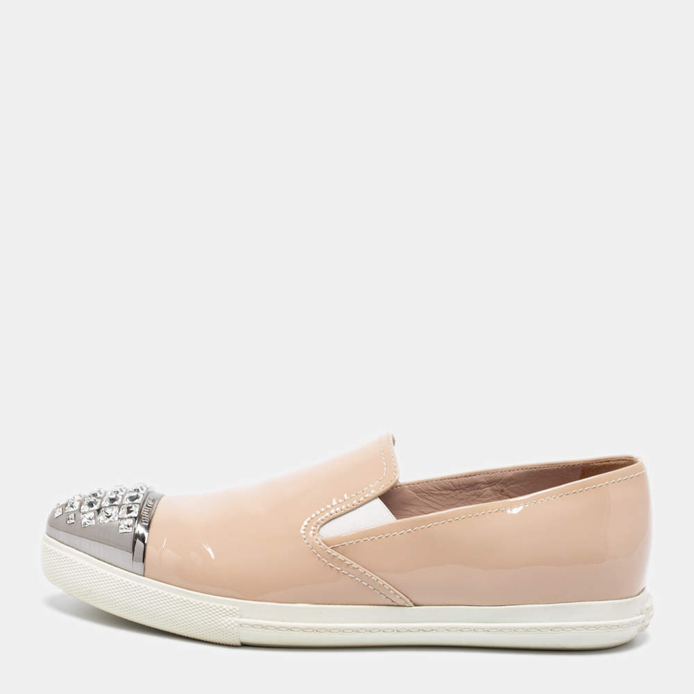 Miu Miu Beige Patent Embellished Cap Toe Slip On Sneakers Size 38