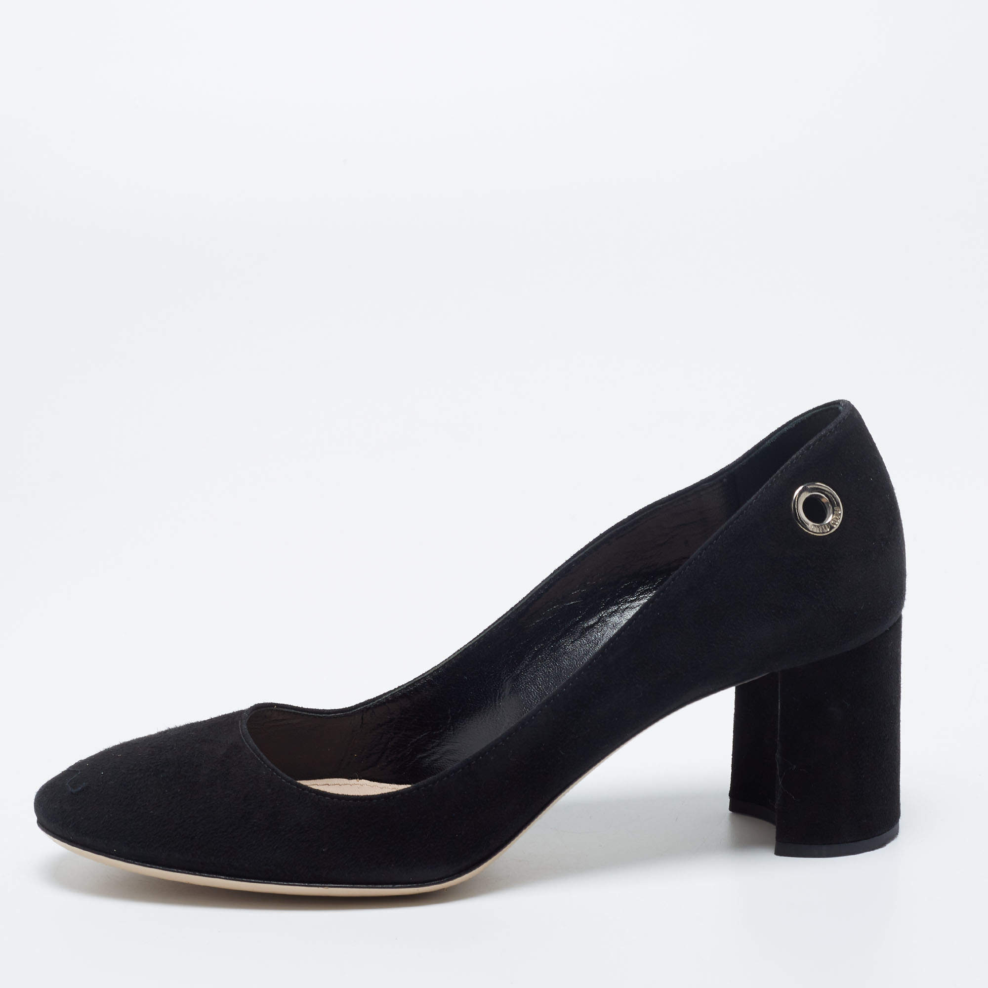 مملوكة مسبقًا Miu Miu Black Suede Eyelet Block Heel Pumps Size 37