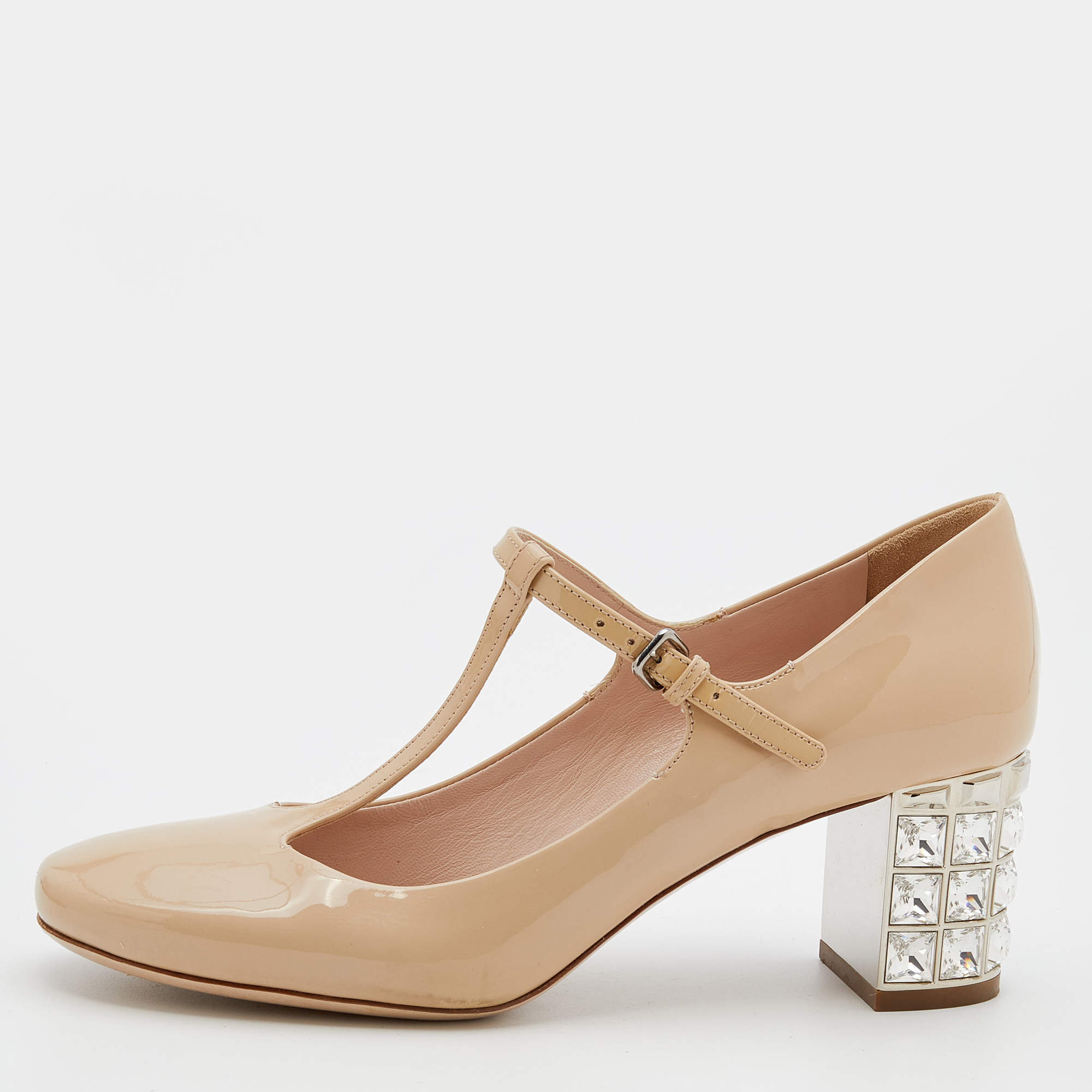 مملوكة مسبقًا Miu Miu Beige Patent Leather Crystal Embellished Heel Mary Jane Pumps Size 37.5
