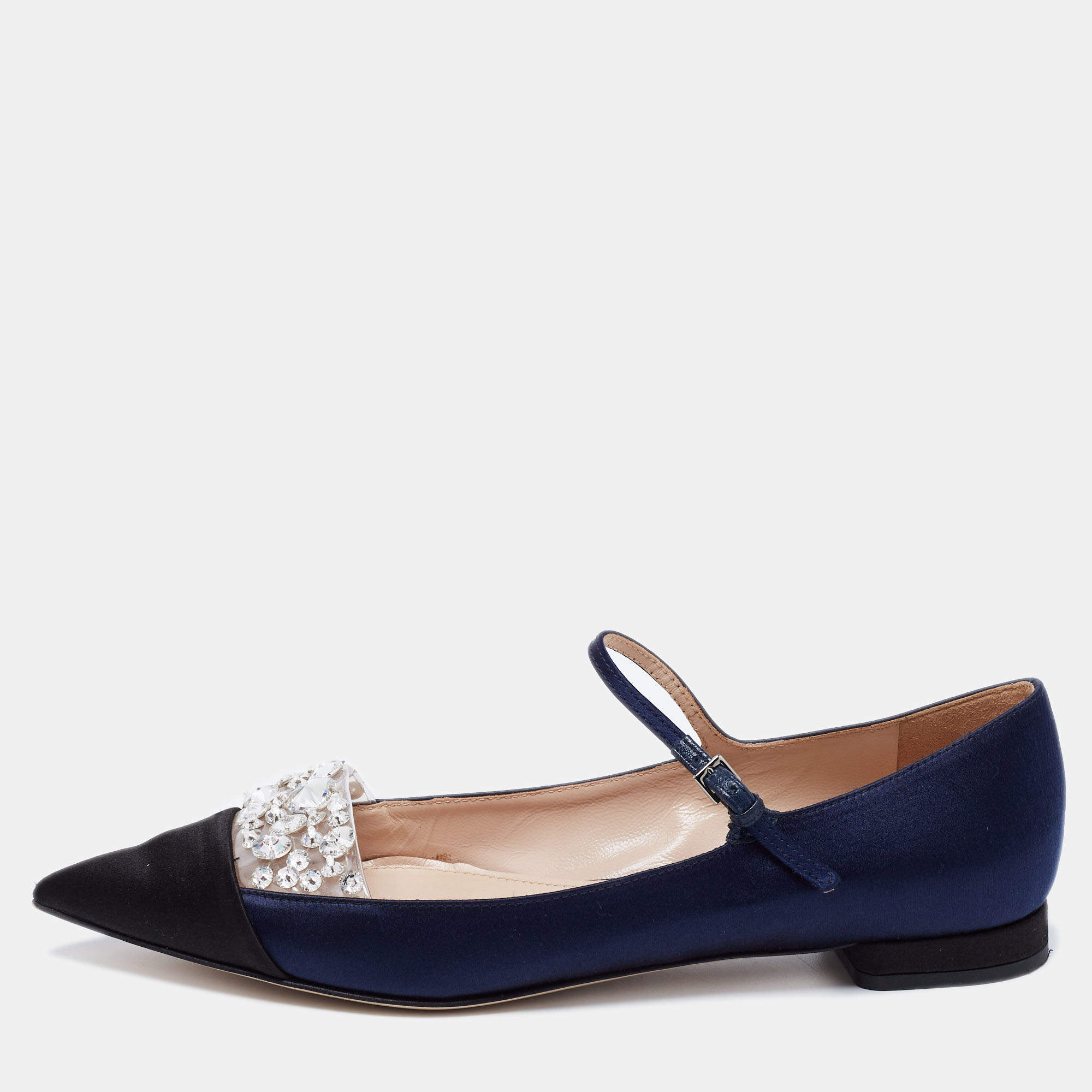 مملوكة مسبقًا Miu Miu Navy Blue/Black Satin Crystal Embellished Mary Jane Ballet Flats Size 36.5